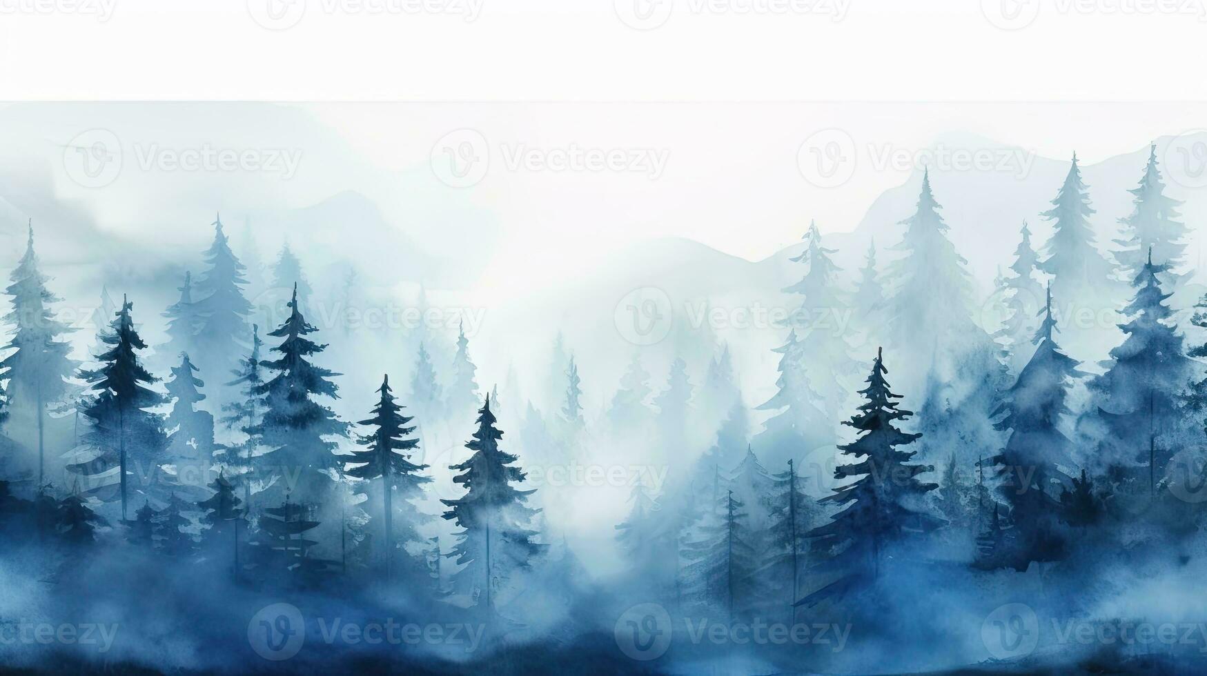 Watercolor misty forest hill with evergreen trees Frozen taiga Horizontal watercolor background photo
