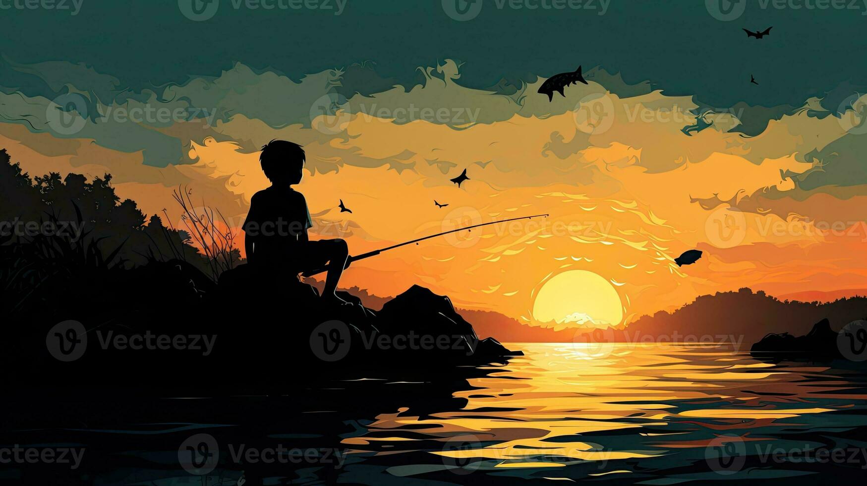 Boy fishing in the evening photo