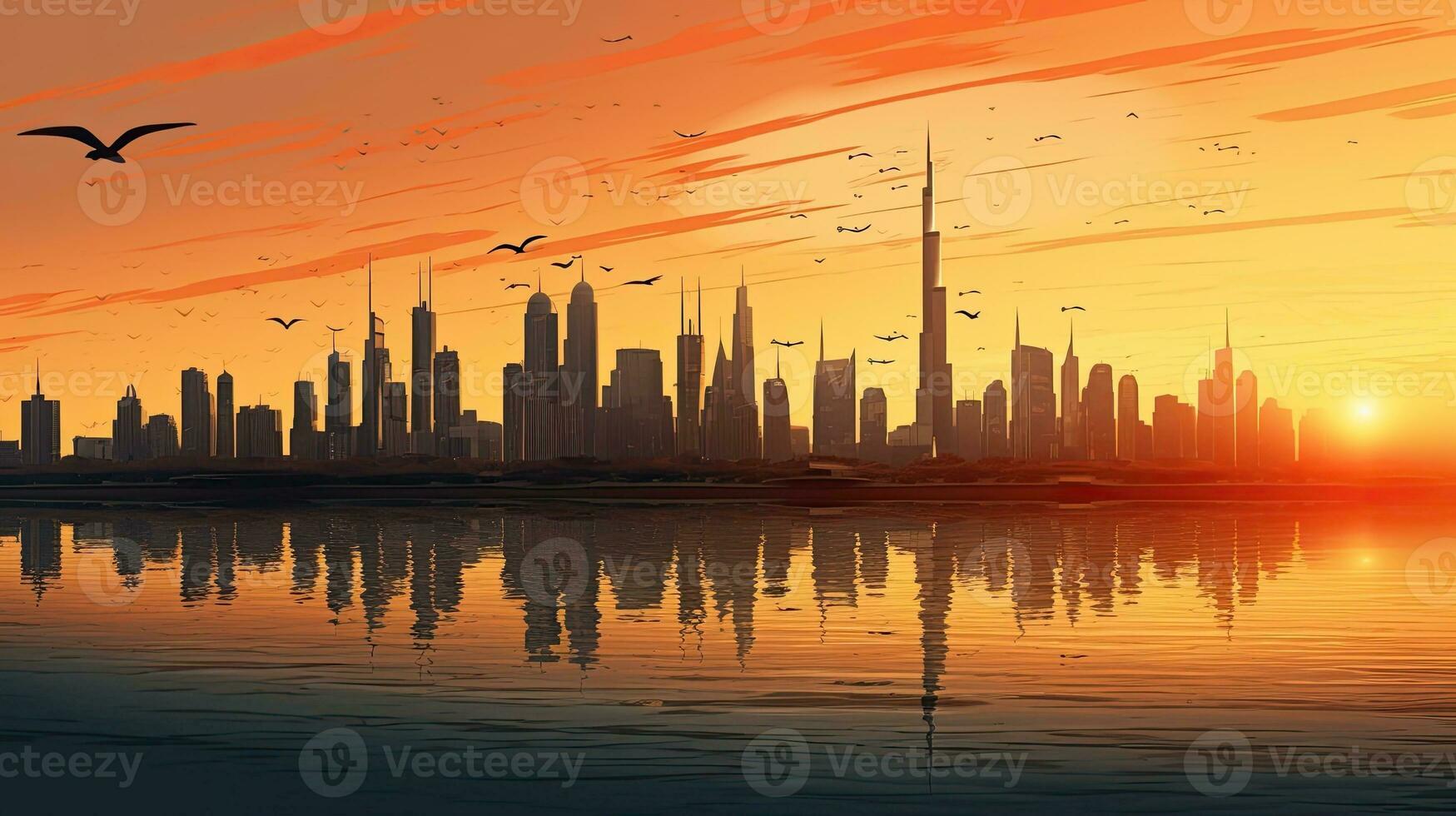 en el unido árabe emiratos el cautivador ciudad de dubai vitrinas un Notable ciudad centrar horizonte y renombrado jumeirah playa durante puesta de sol foto