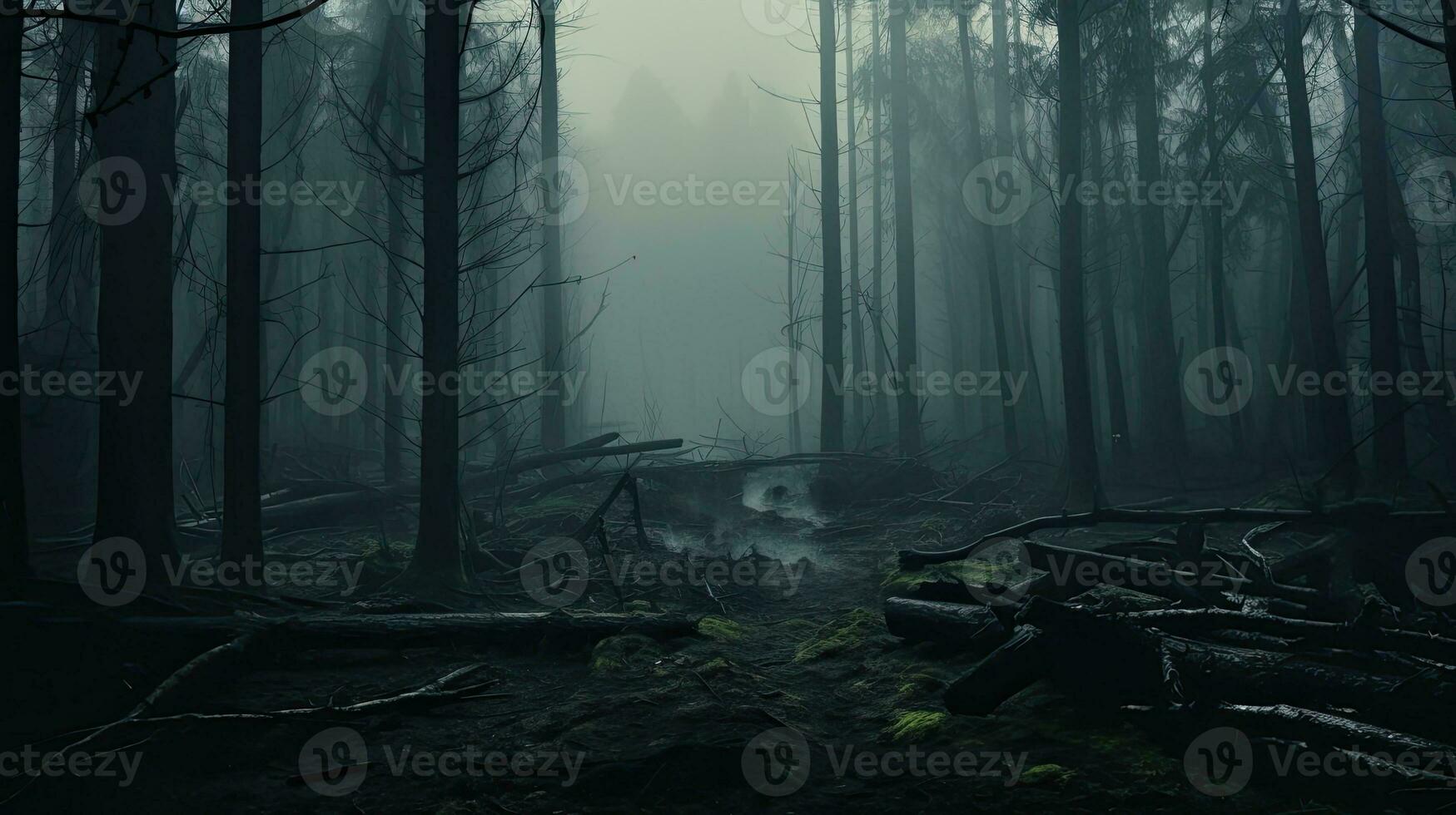 Spooky misty forest on a cold foggy morning photo