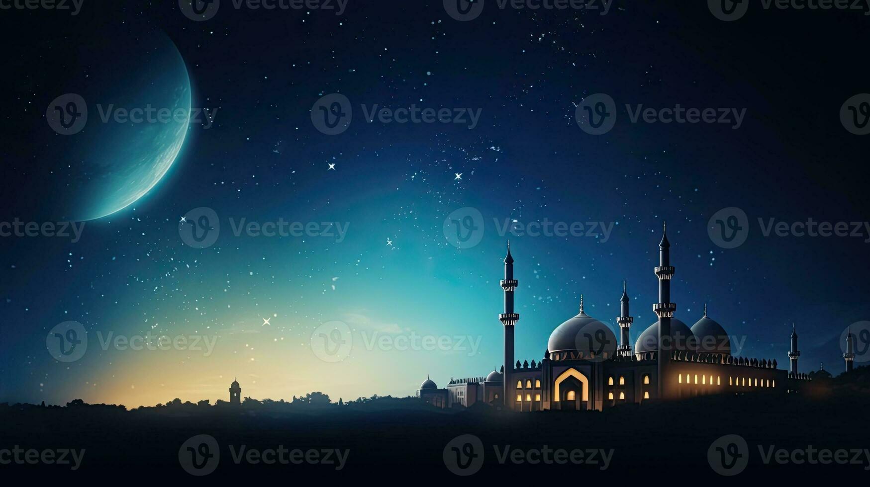 Mosques with dome on twilight sky Crescent Moon symbol space for Arabic text representing Islamic religion and holidays photo