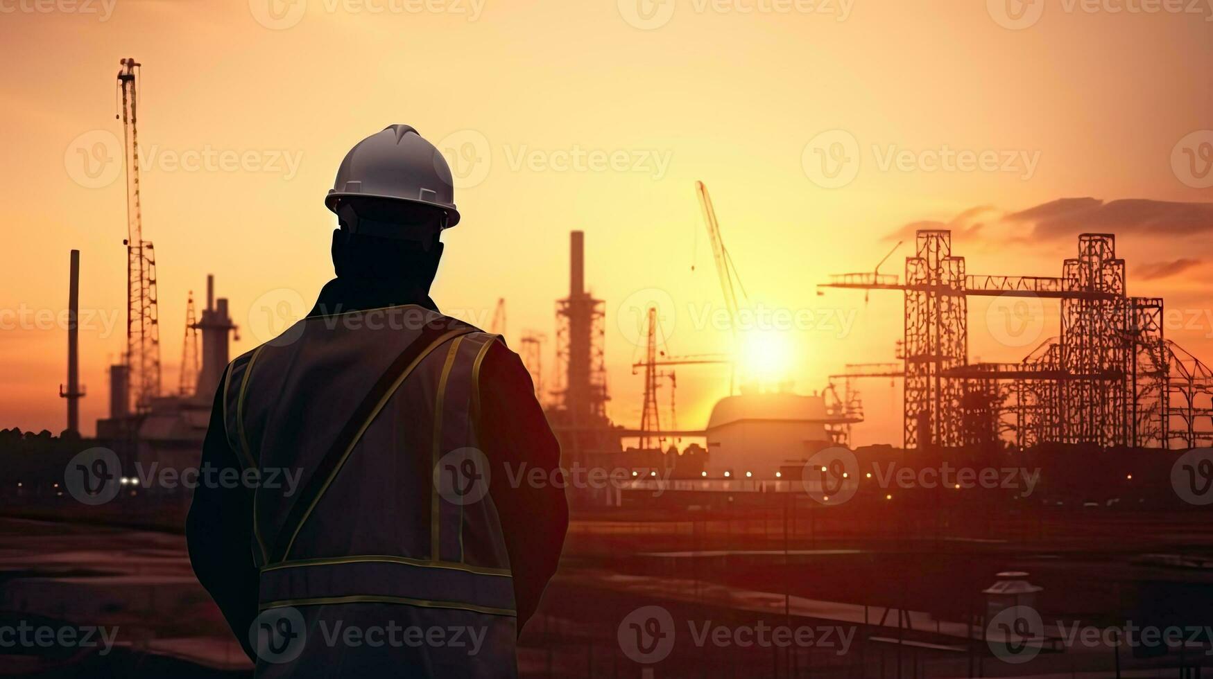 Engineer instructing construction crews to work safely on elevated terrain amid a picturesque sunset photo