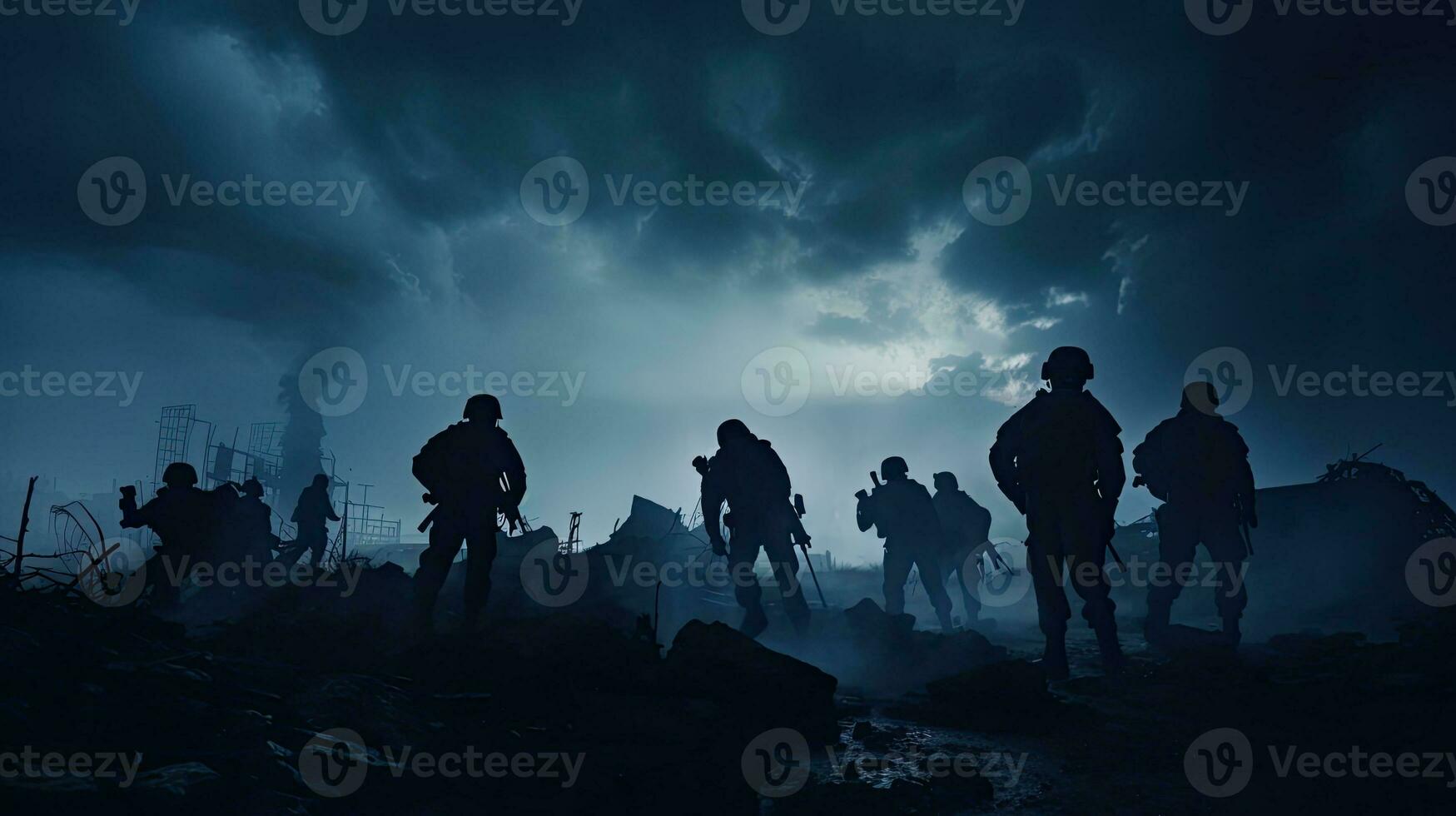 Selective focus on ruined city skyline at night soldiers silhouettes below foggy war sky depicting a fighting scene in the concept of war photo