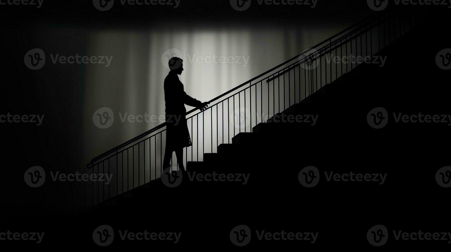 Two people descending the stairs in shadow photo