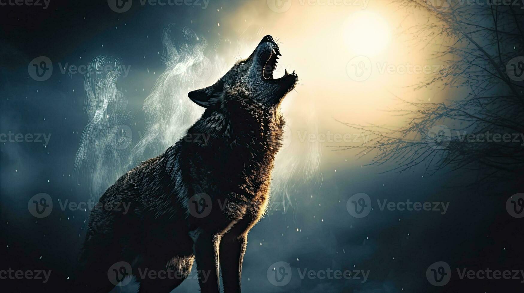 Halloween concept Wolf silhouette howling at full moon in foggy backdrop photo