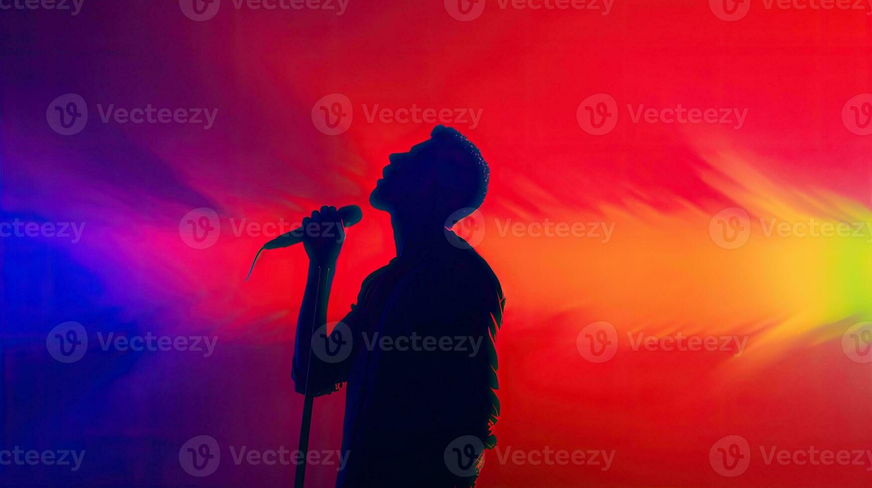 Male singer s silhouette sings into microphone with copy space Retro glitch noise selective focus in thermography gradients photo