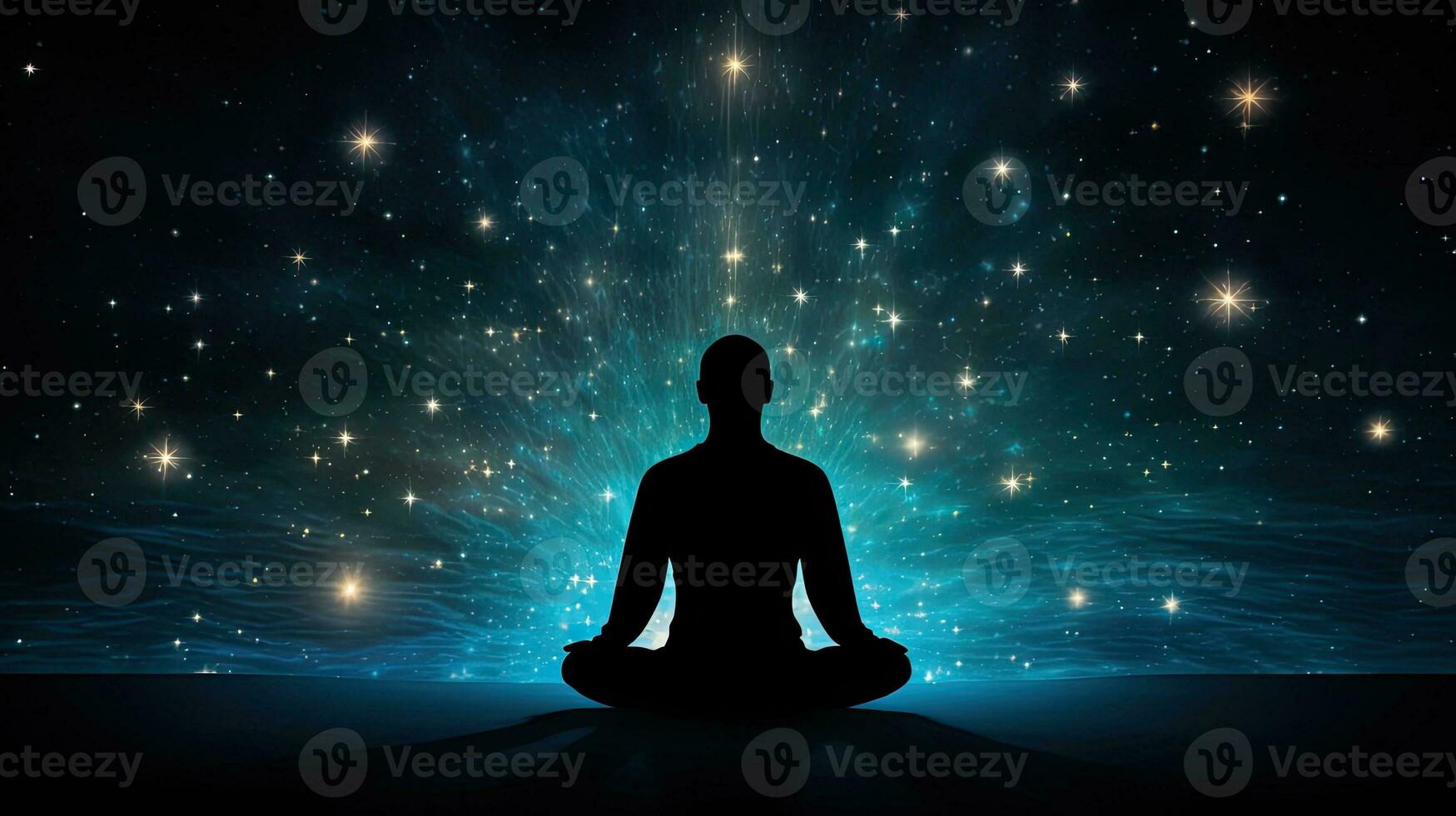 Figure of person seated against starry backdrop Mindfulness within yogic practice Mental wellbeing and tranquility photo