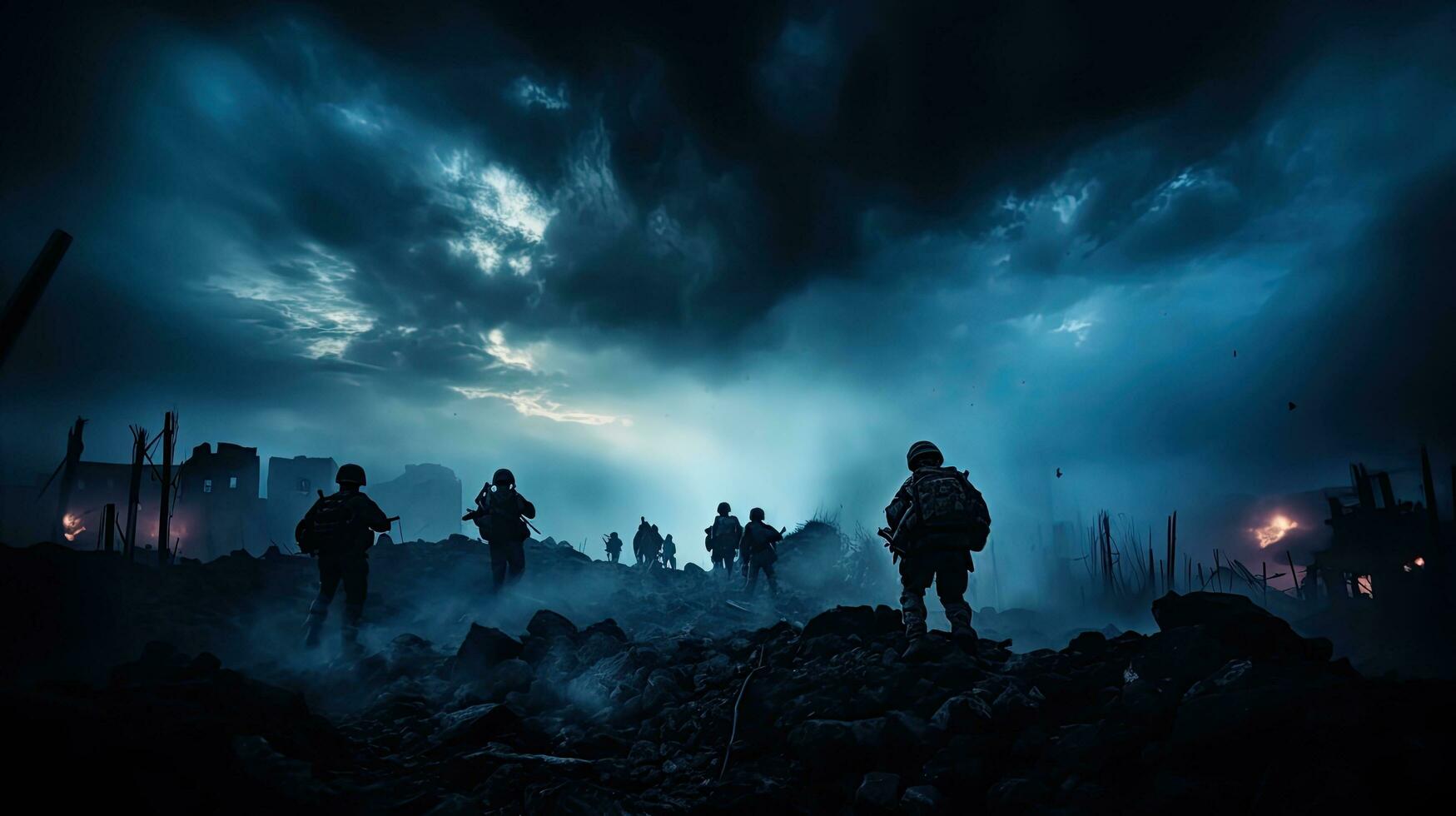 Selective focus on ruined city skyline at night soldiers silhouettes below foggy war sky depicting a fighting scene in the concept of war photo