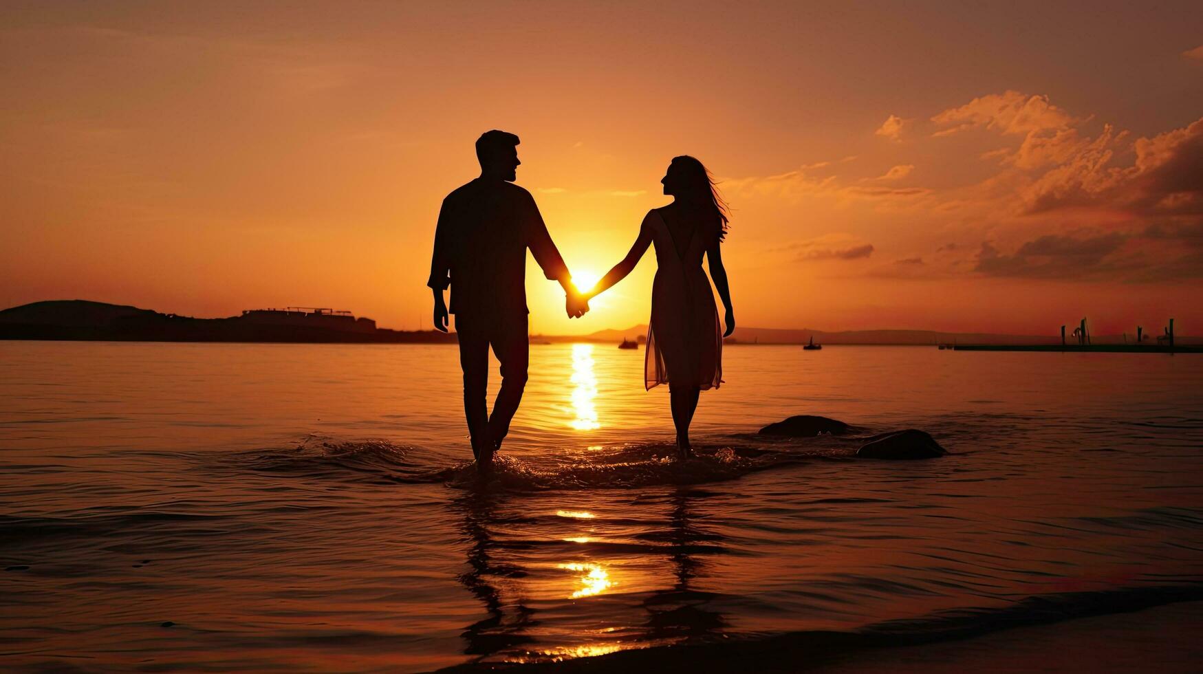 Romantic couple s silhouette holding hands at sunrise on the beach photo