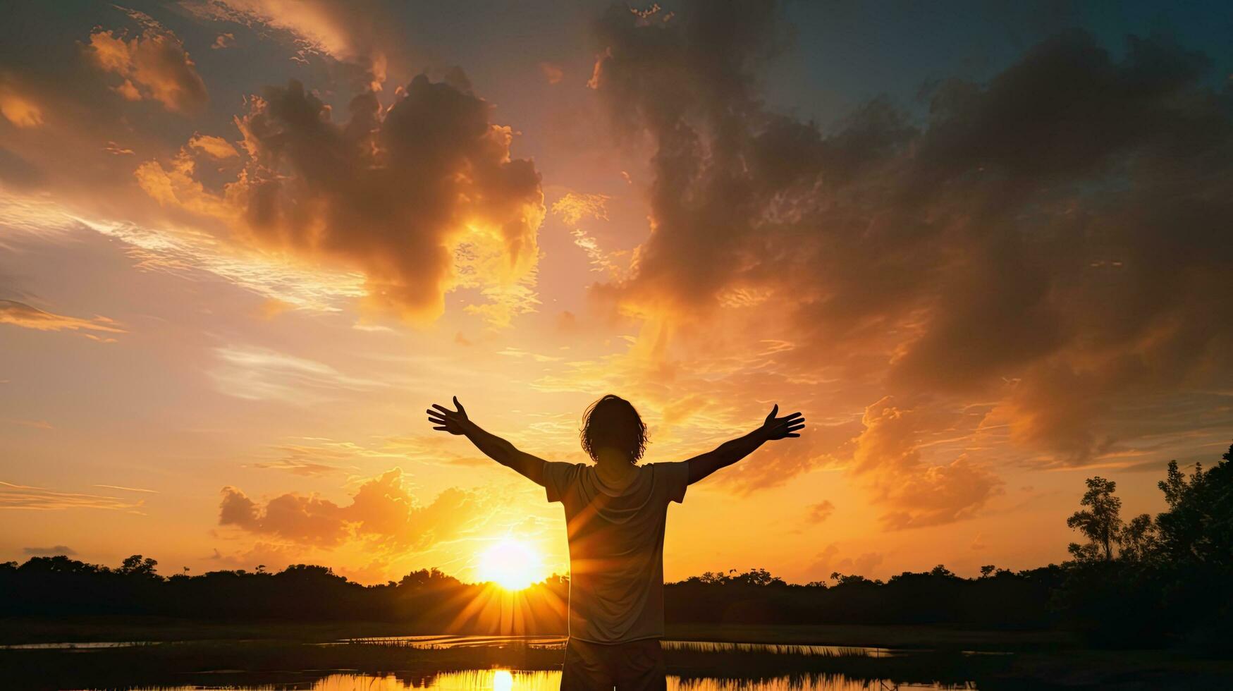 A curly guy with open hands admiring the stunning summer sunset silhouette photo