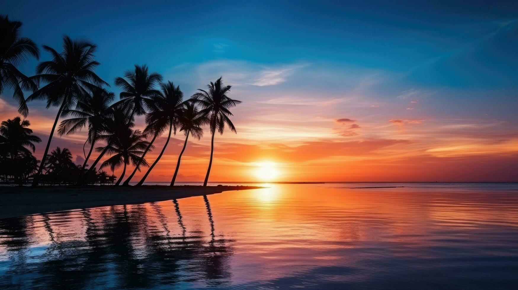 Palm trees silhouette against a stunning background of a tropical sunset beach photo