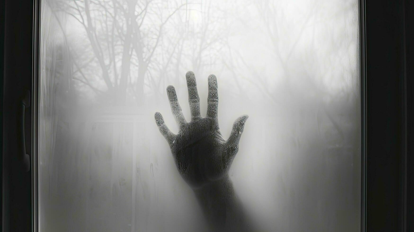 Halloween concept Black and white hand silhouette behind frosted glass photo