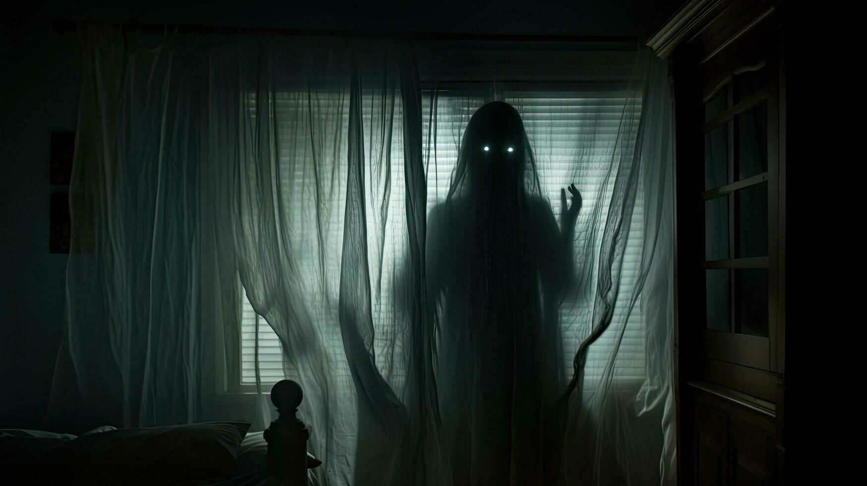 Blurred ghost silhouette in bedroom window at night horror scene on Halloween photo