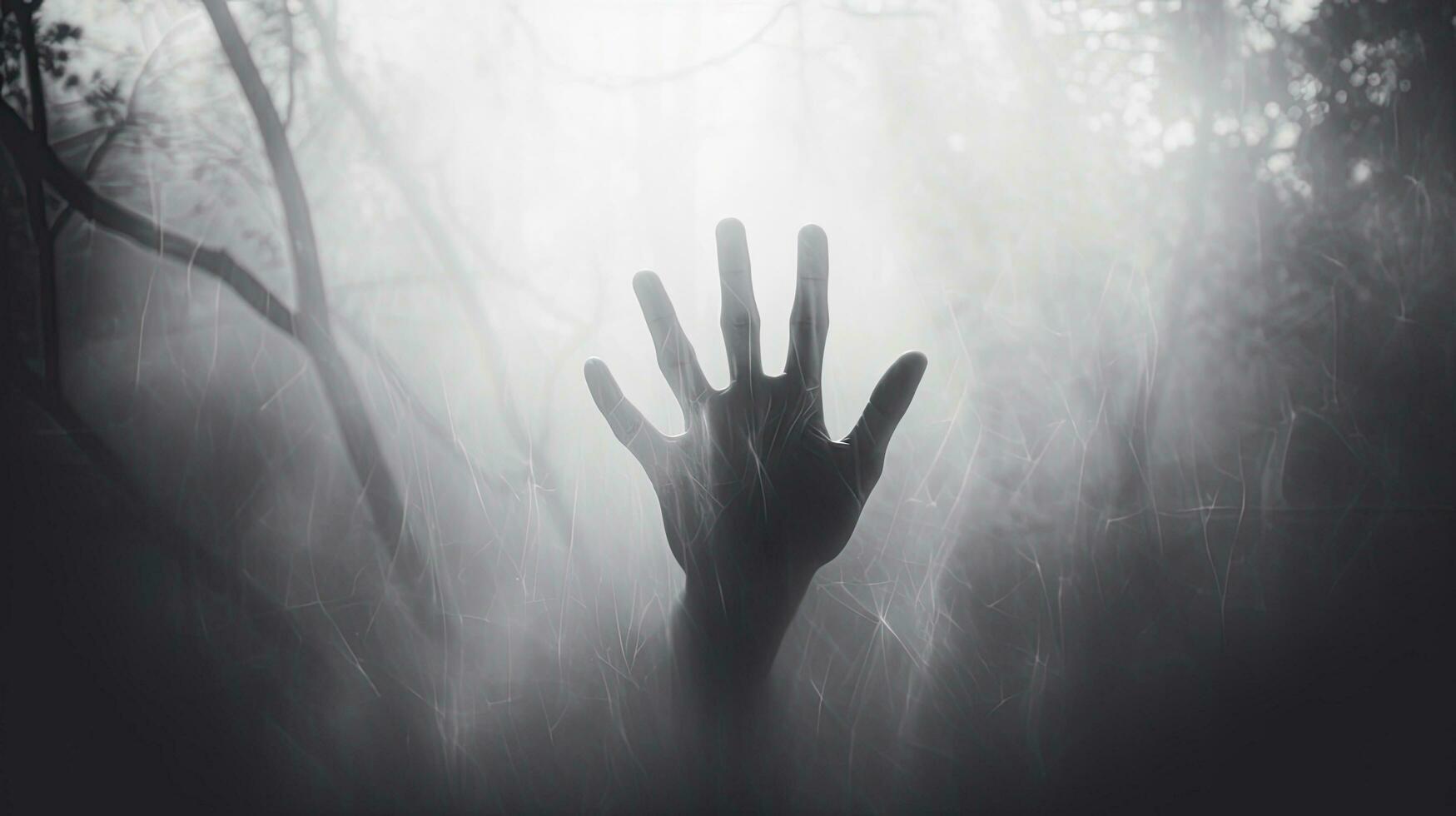 Silhouette of blurred hand on frosty glass Halloween theme photo