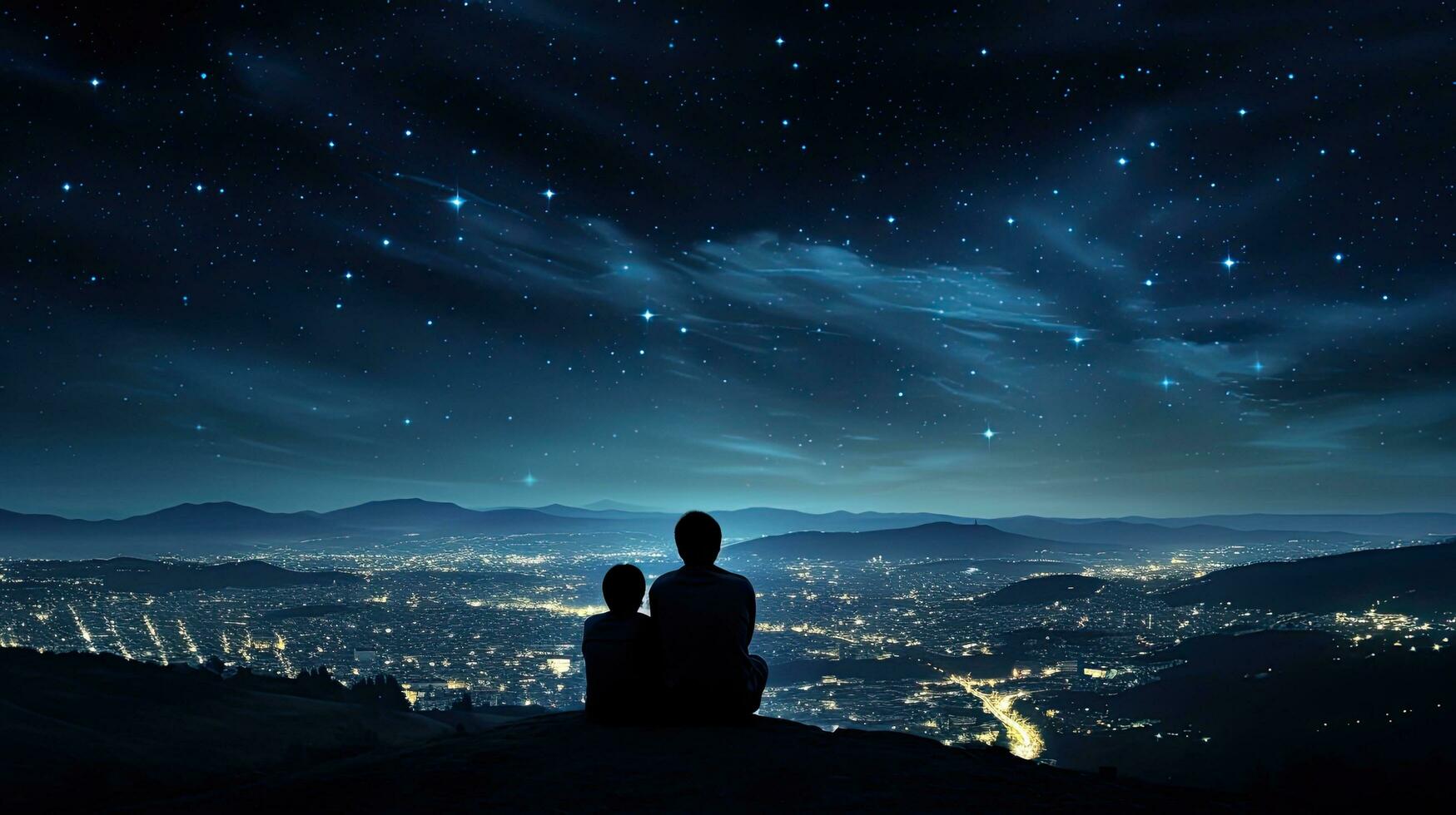 Two men embrace on a hill gazing at the starry city sky photo