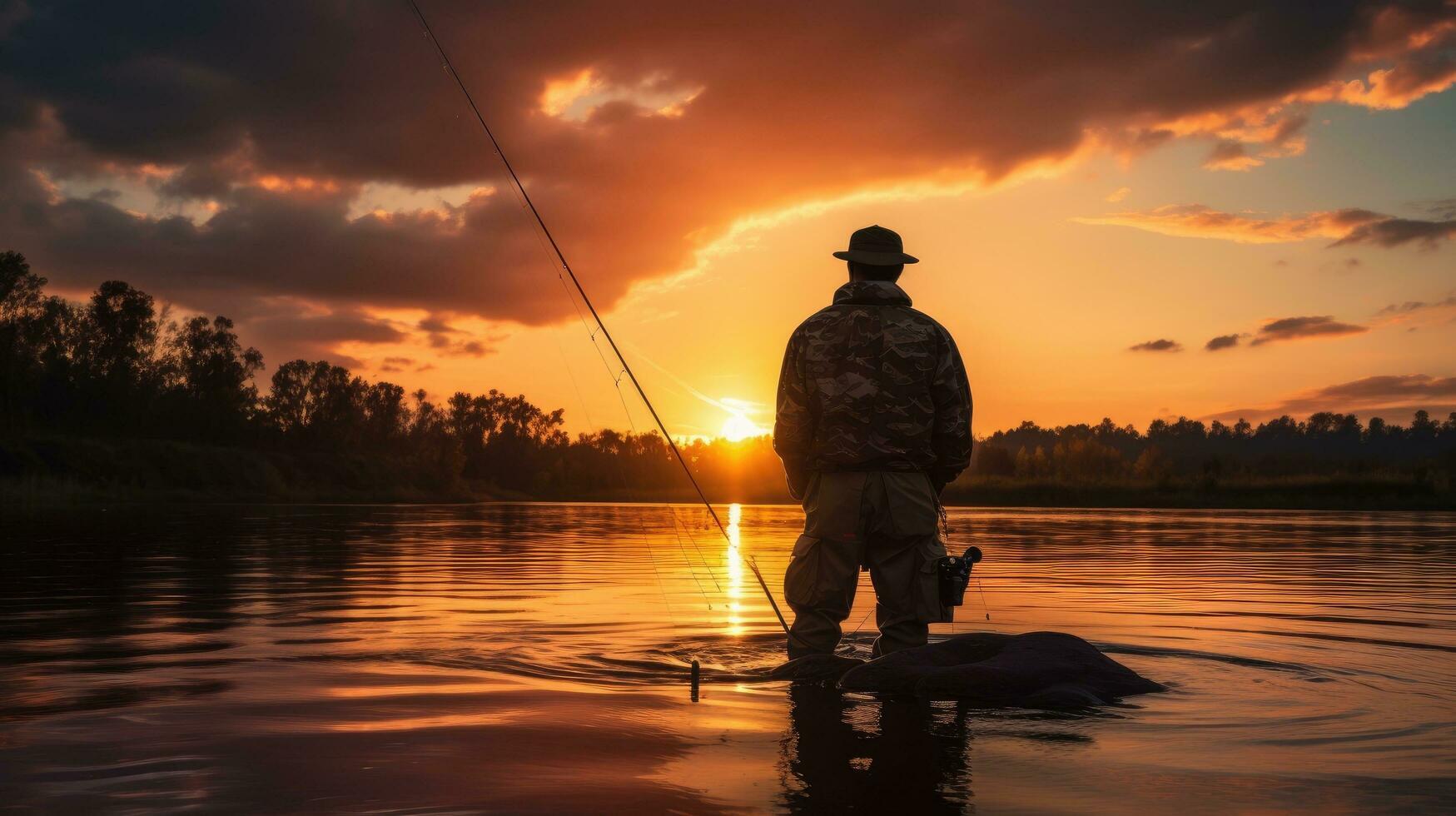 Fisherman s silhouette against setting sun backdrop on river at sunset photo