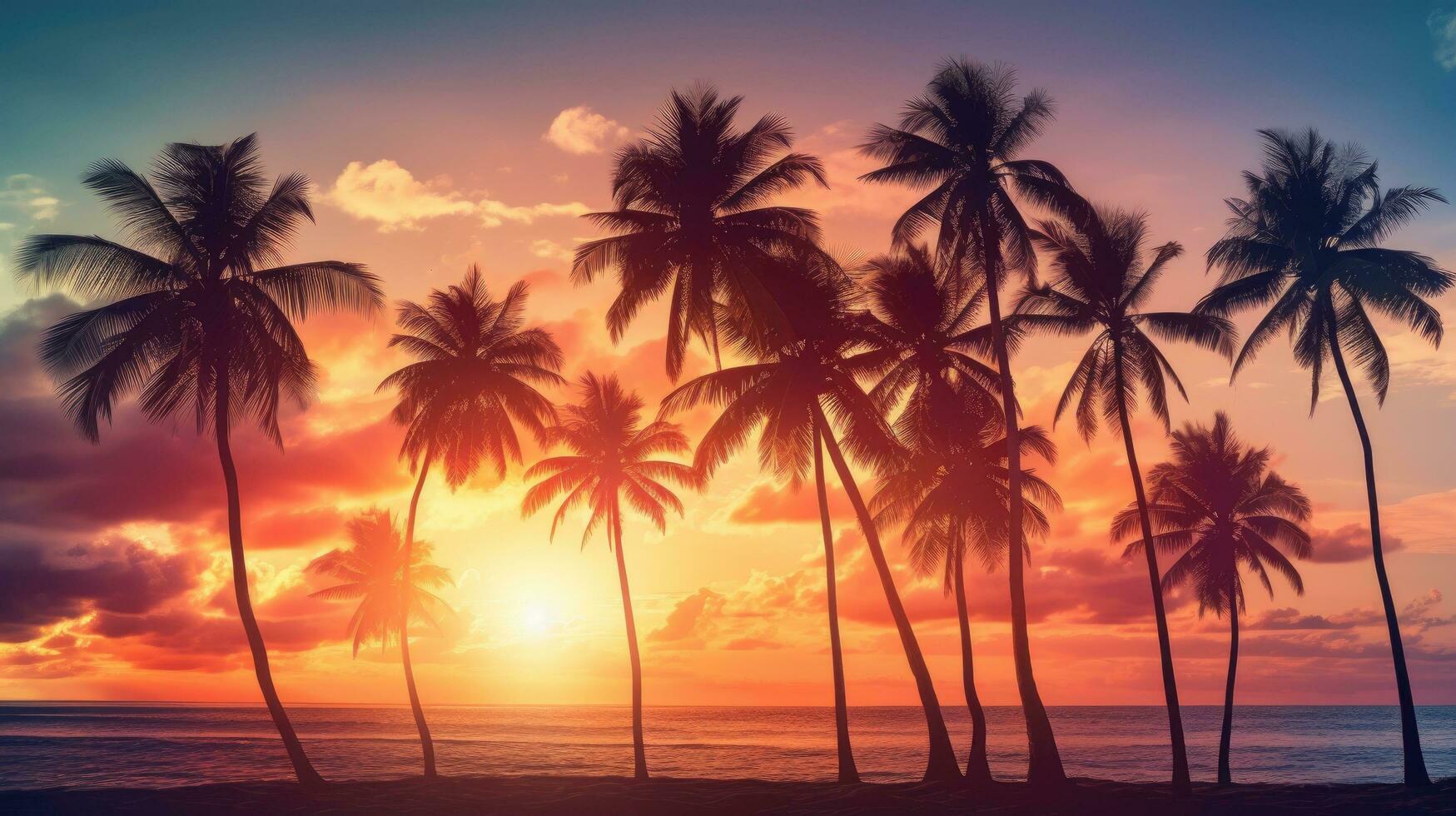 Palm tree silhouettes at sunset on a tropical beach with vintage bokeh effect photo