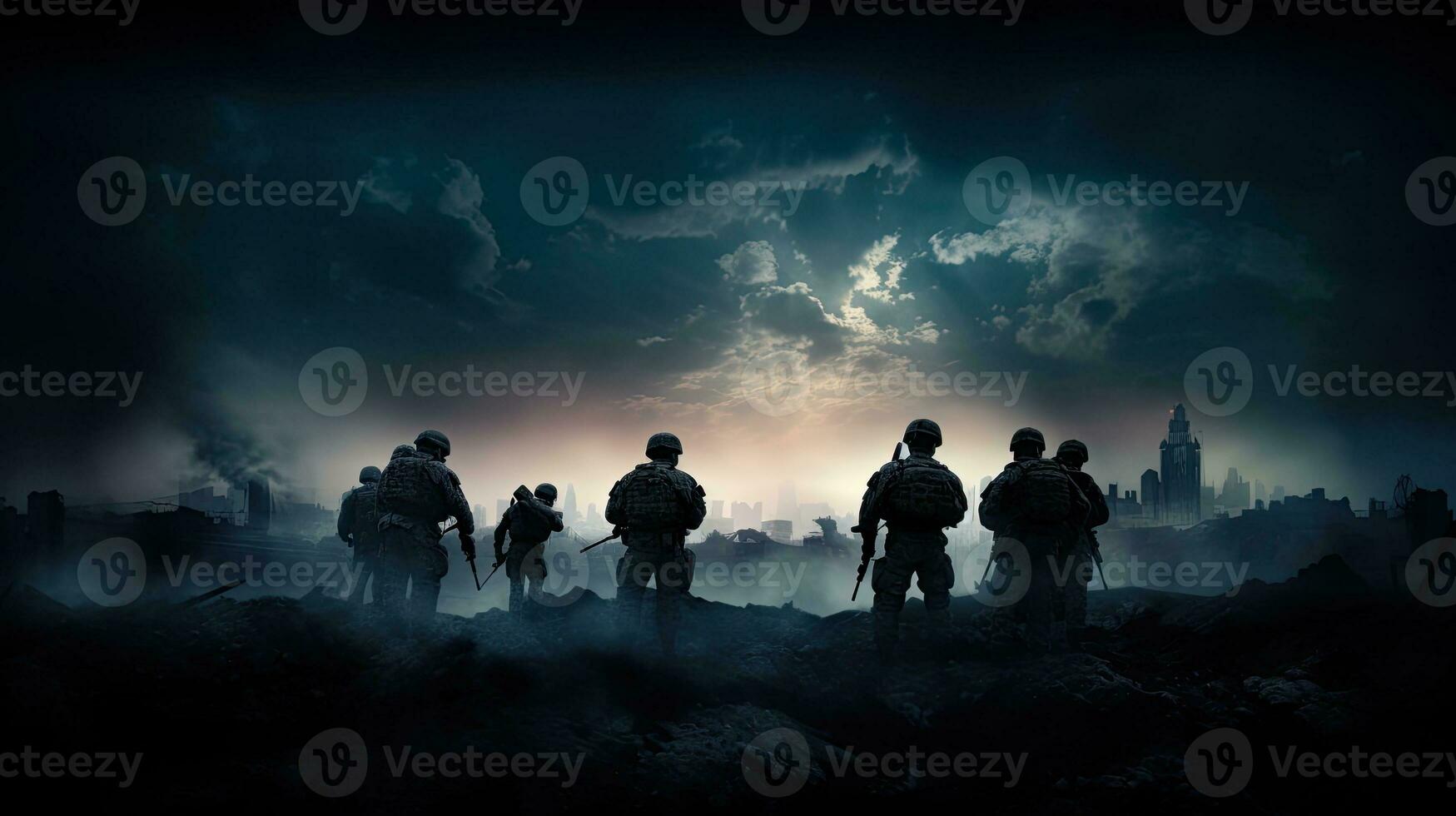 Selective focus on ruined city skyline at night soldiers silhouettes below foggy war sky depicting a fighting scene in the concept of war photo