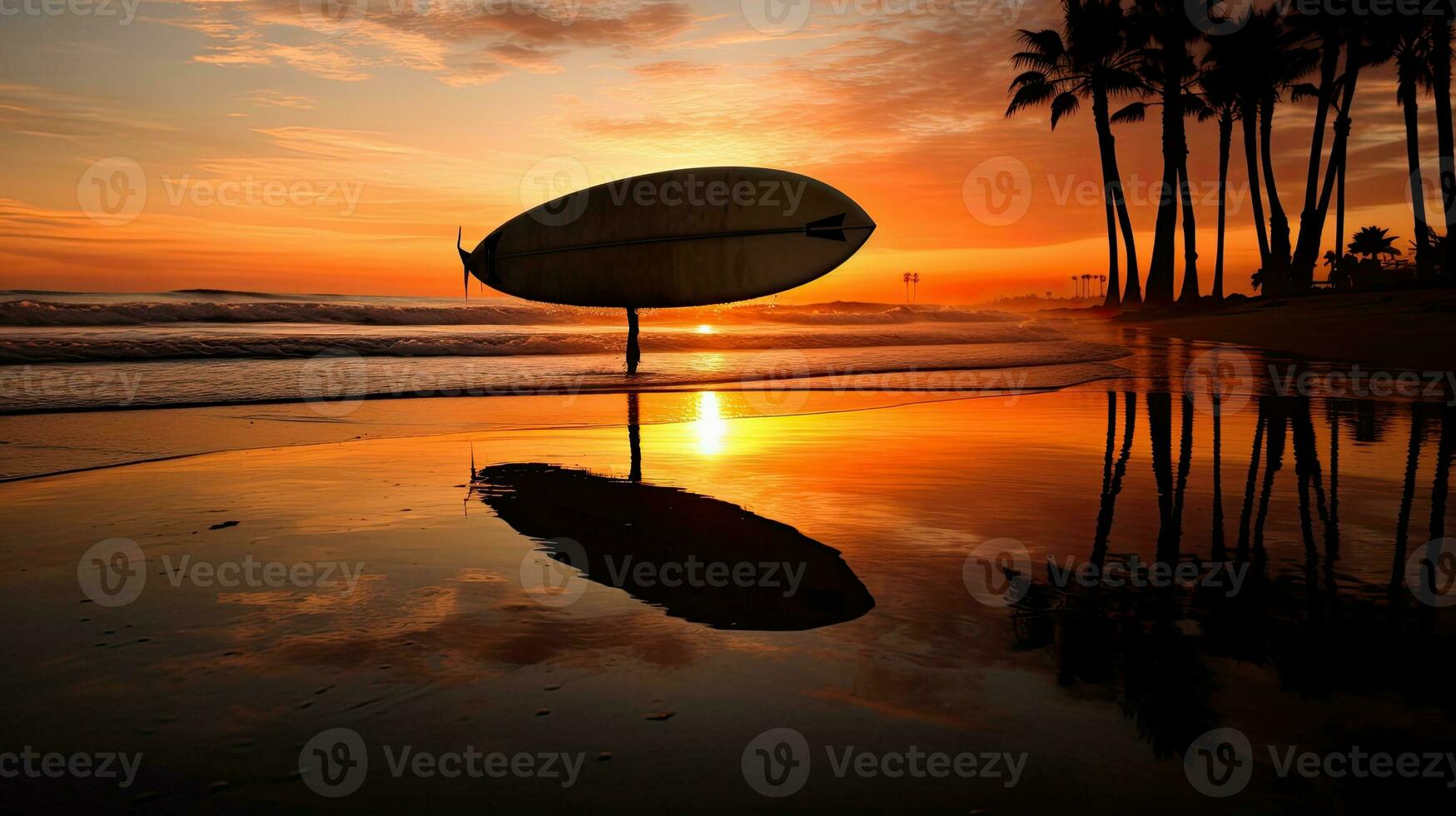 playa tabla de surf silueta con reflexión foto