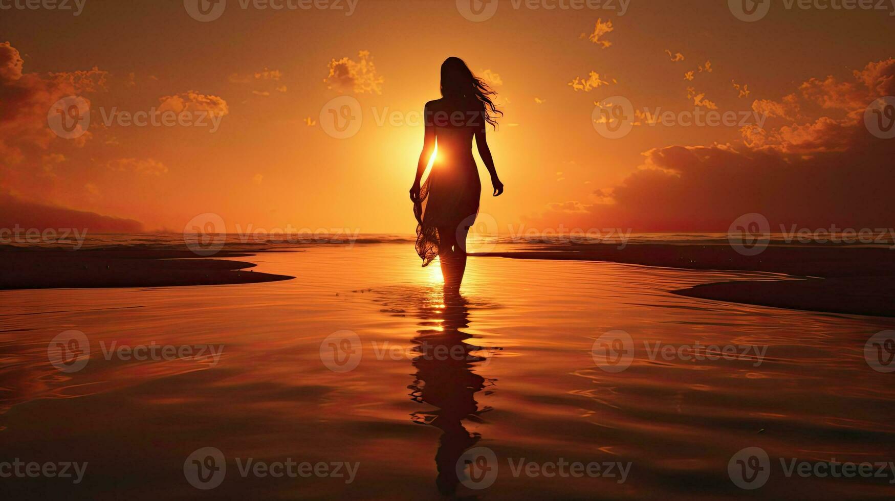 One woman walking on the beach at sunset photo