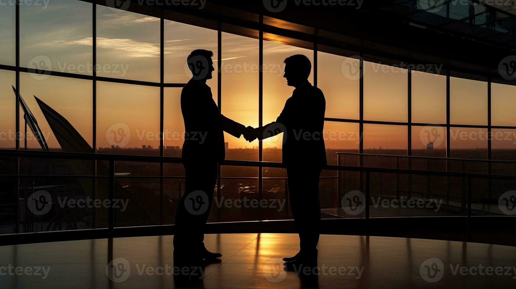 dos empresarios estar de acuerdo en un acuerdo a puesta de sol en el piso foto