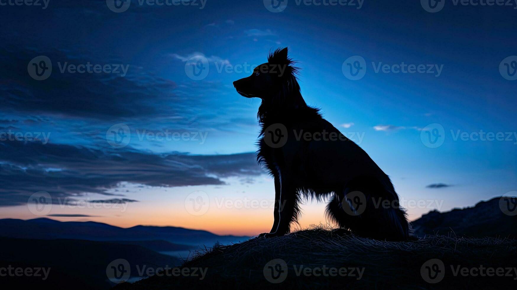 Evening blue hour illuminates dog in silhouette photo