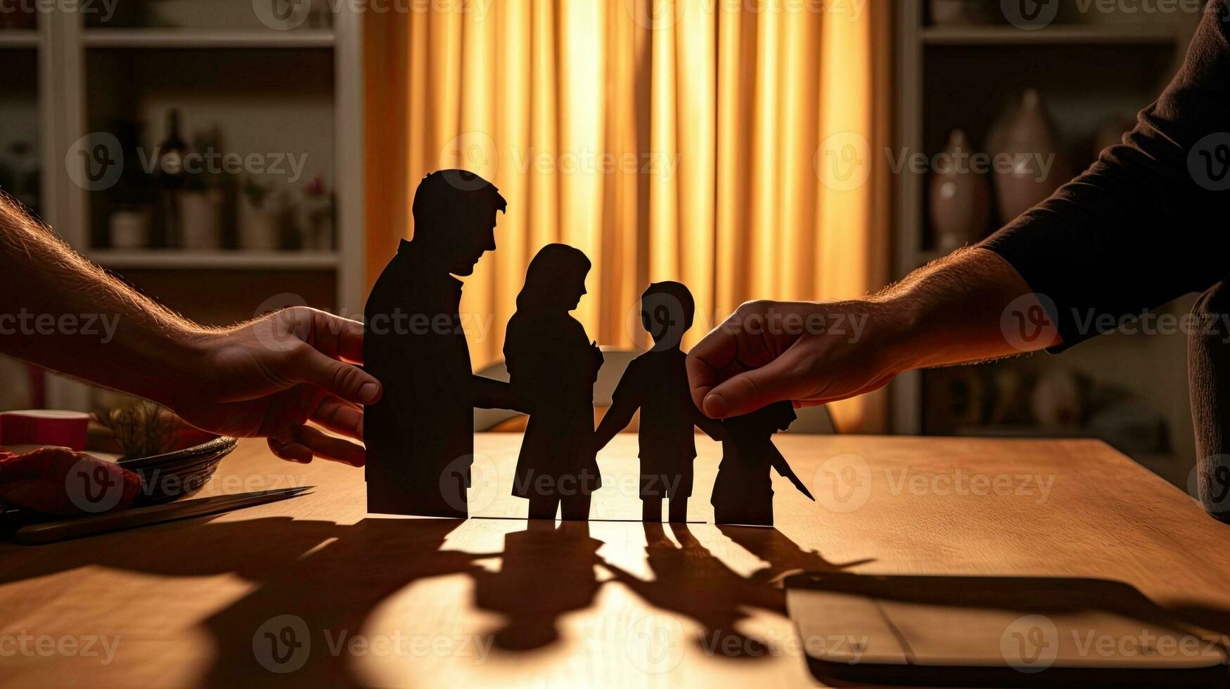 Family care symbolized by hands and paper silhouettes on a table photo