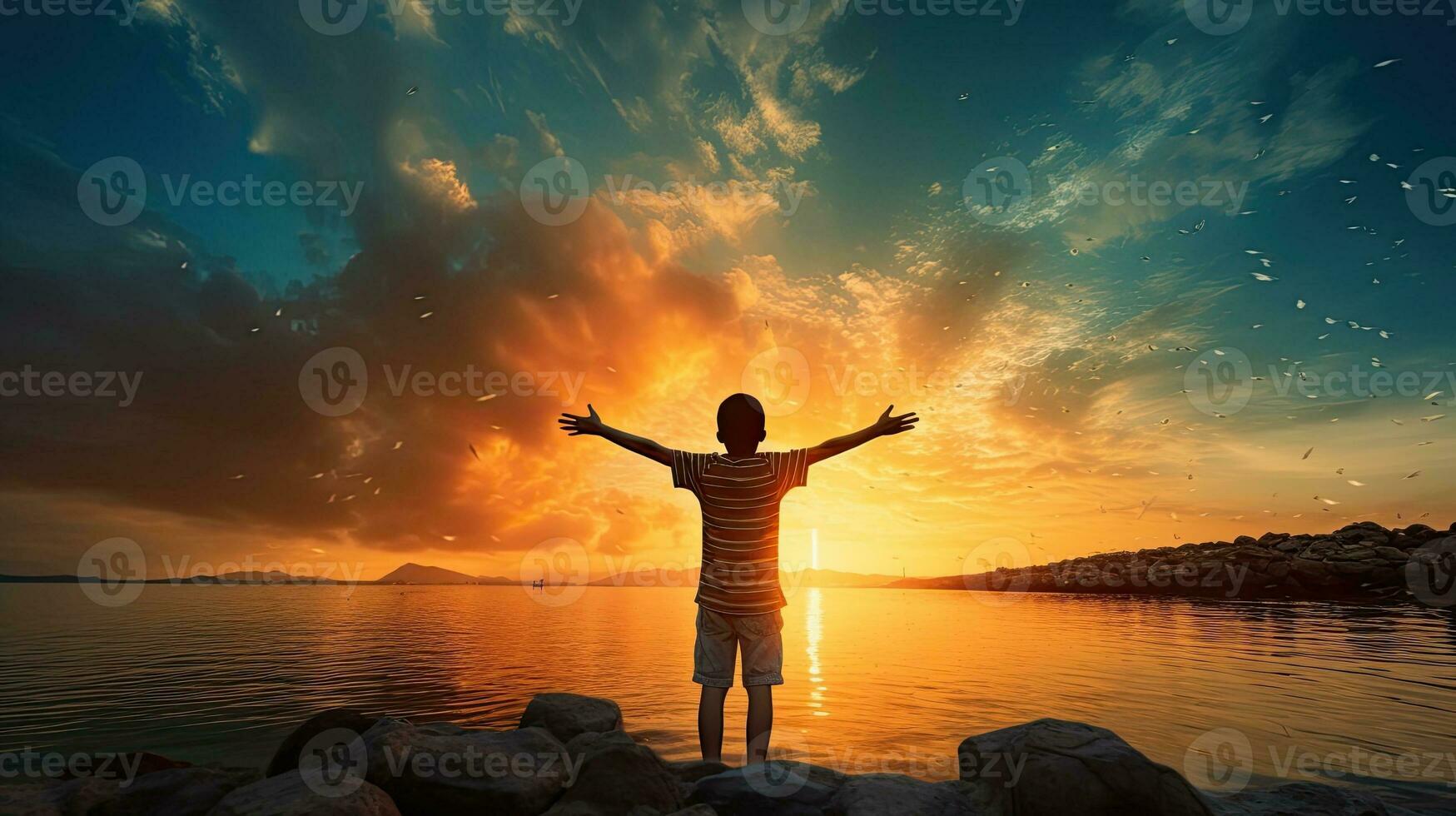 Boy s silhouette in sunset over sea representing religion worship prayer and praise photo