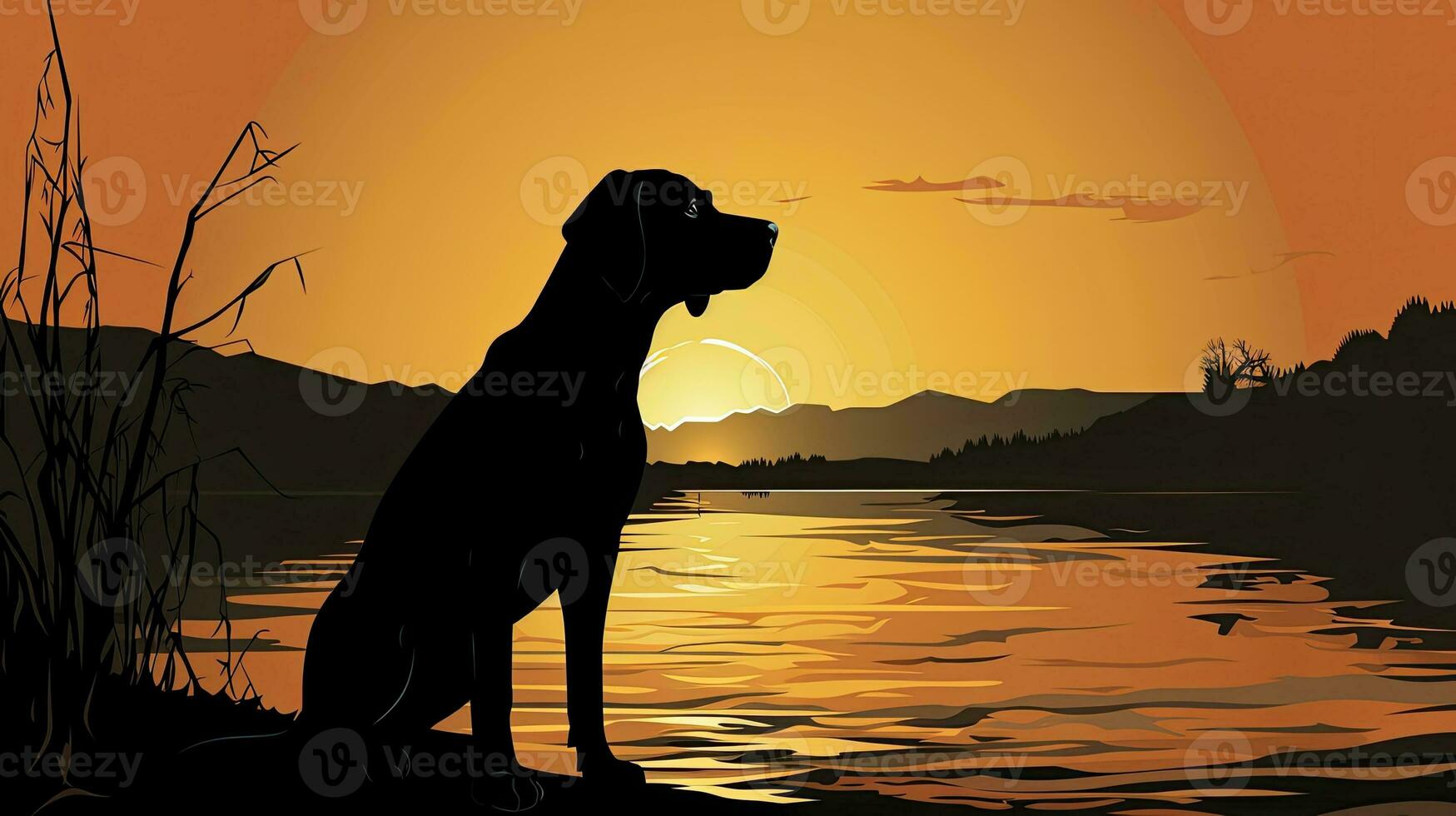 Silhouette of a pointer dog by a river at dusk photo