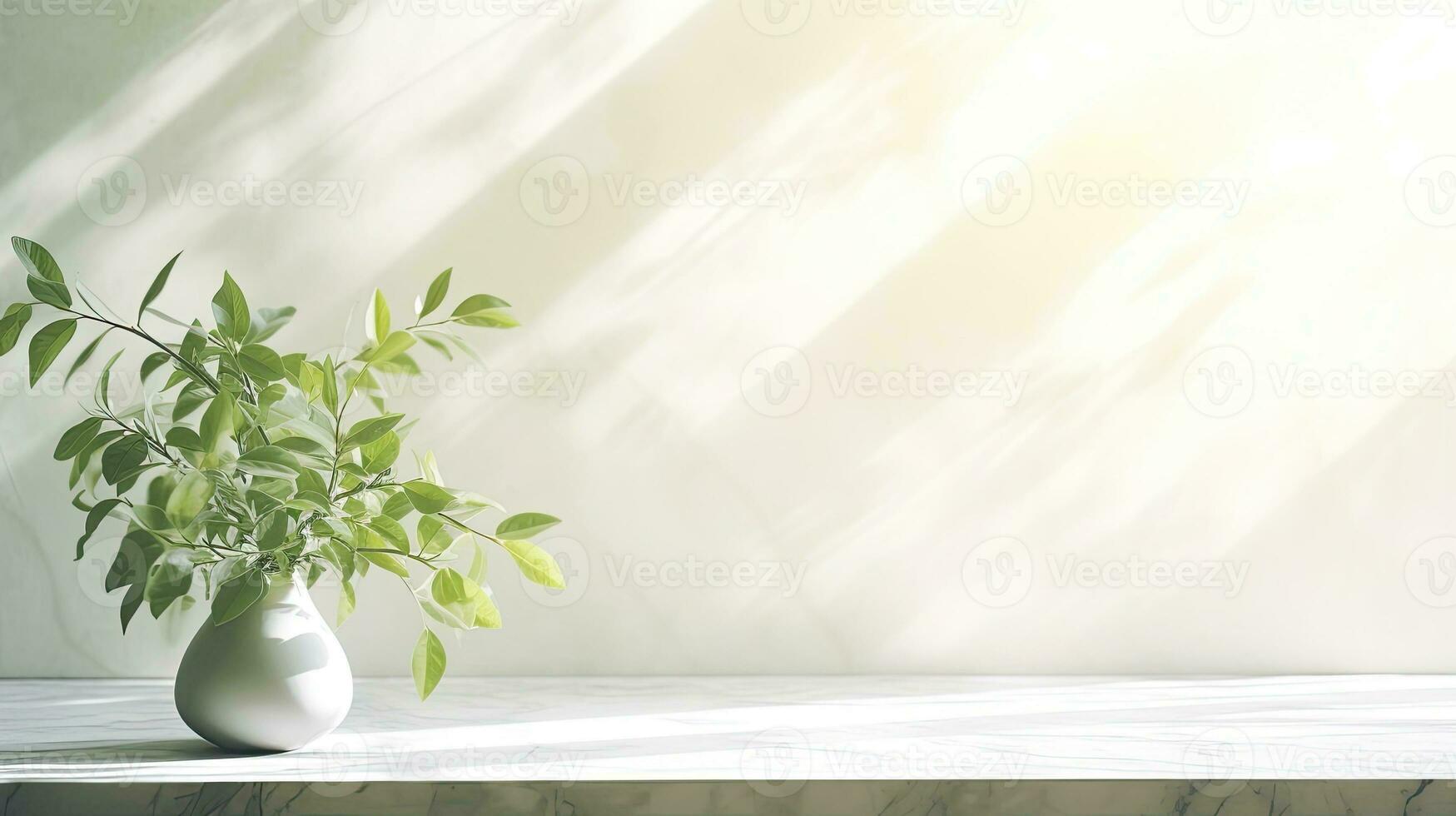 Sunlit branch with green leaves casting shadow on white marble tile wall wood table copy space photo