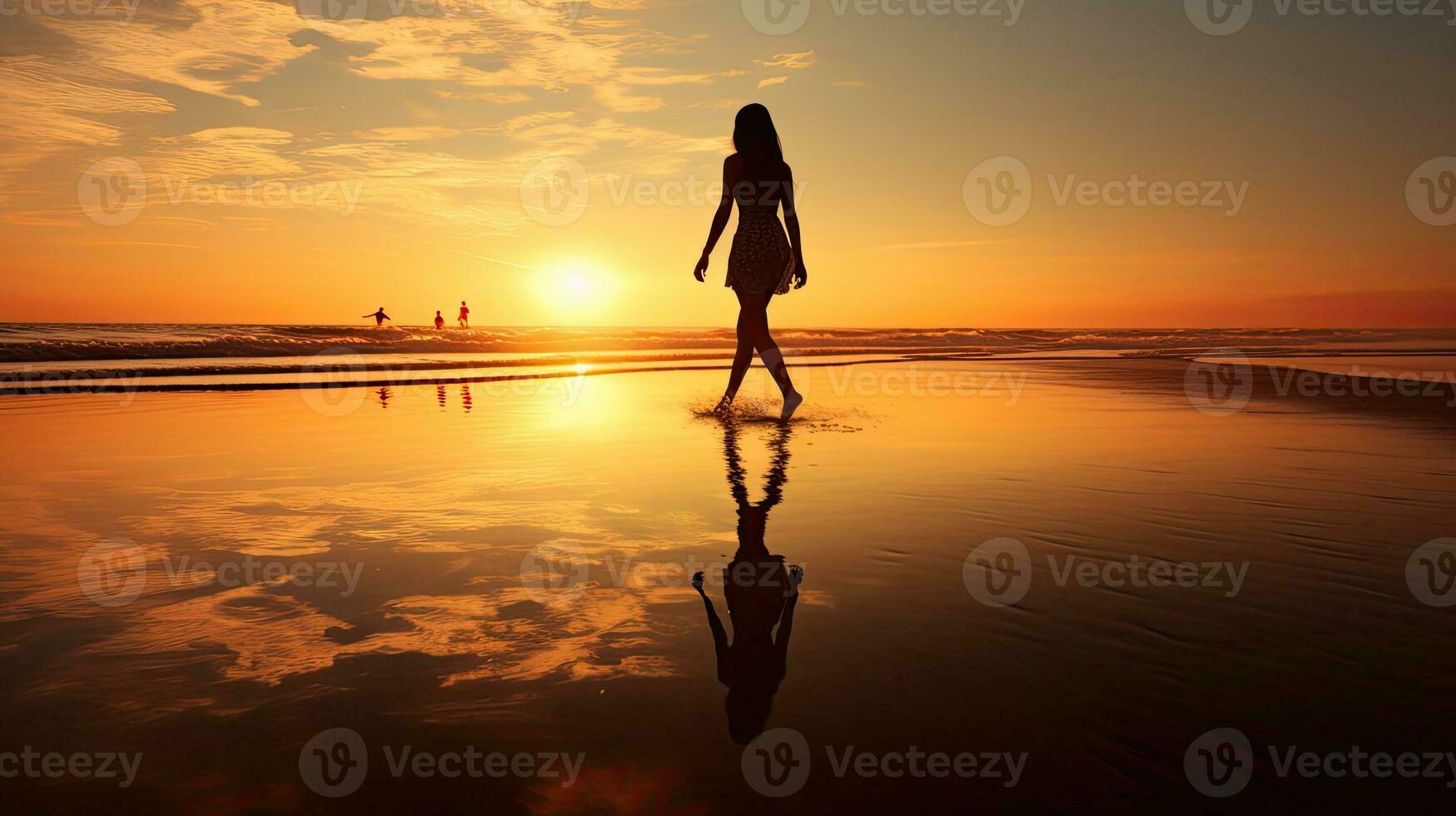 Reflective image of girl walking by the shore photo