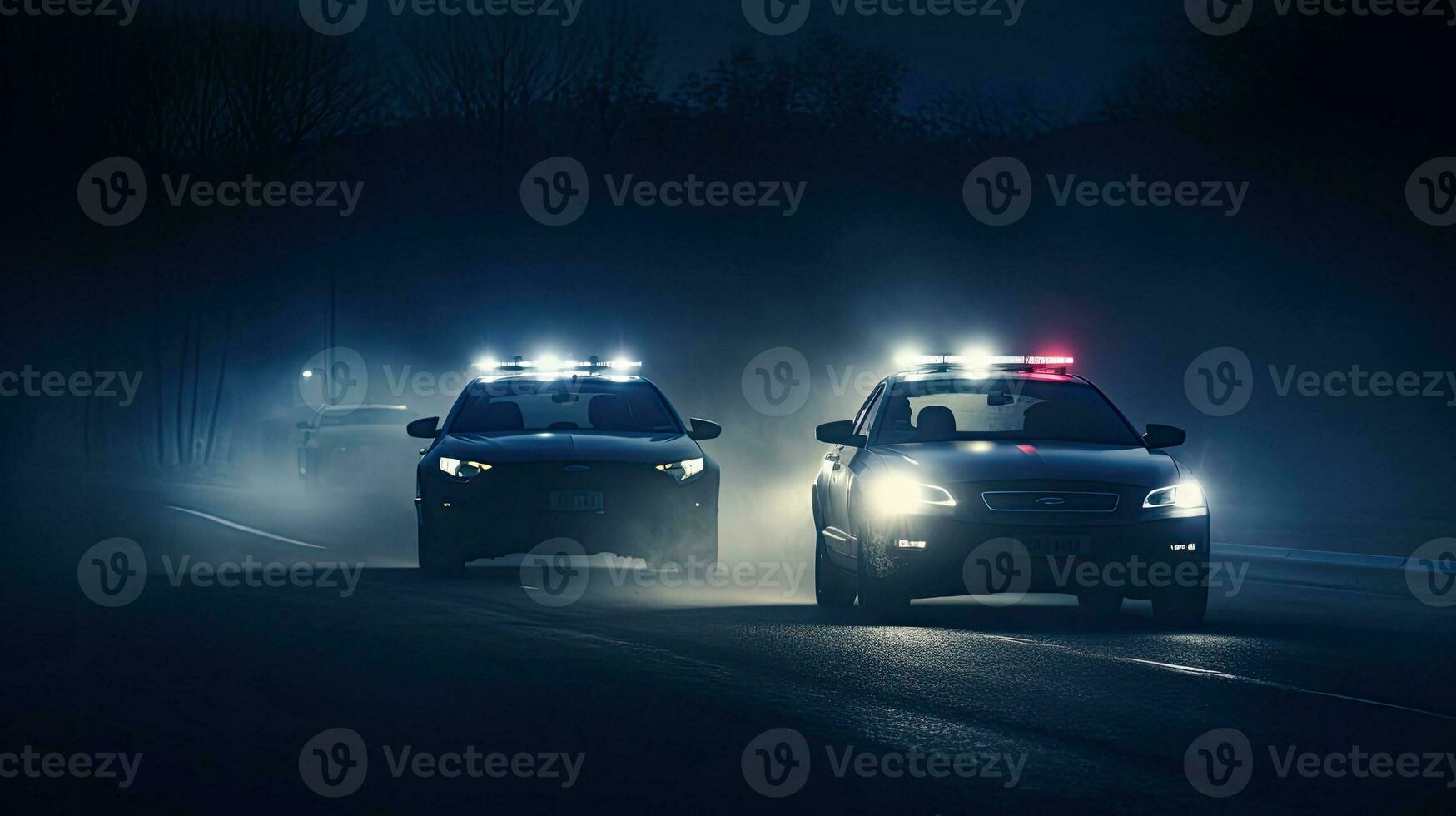 Police cars driving at night chasing a car in fog 911 police car rushing to crime scene photo