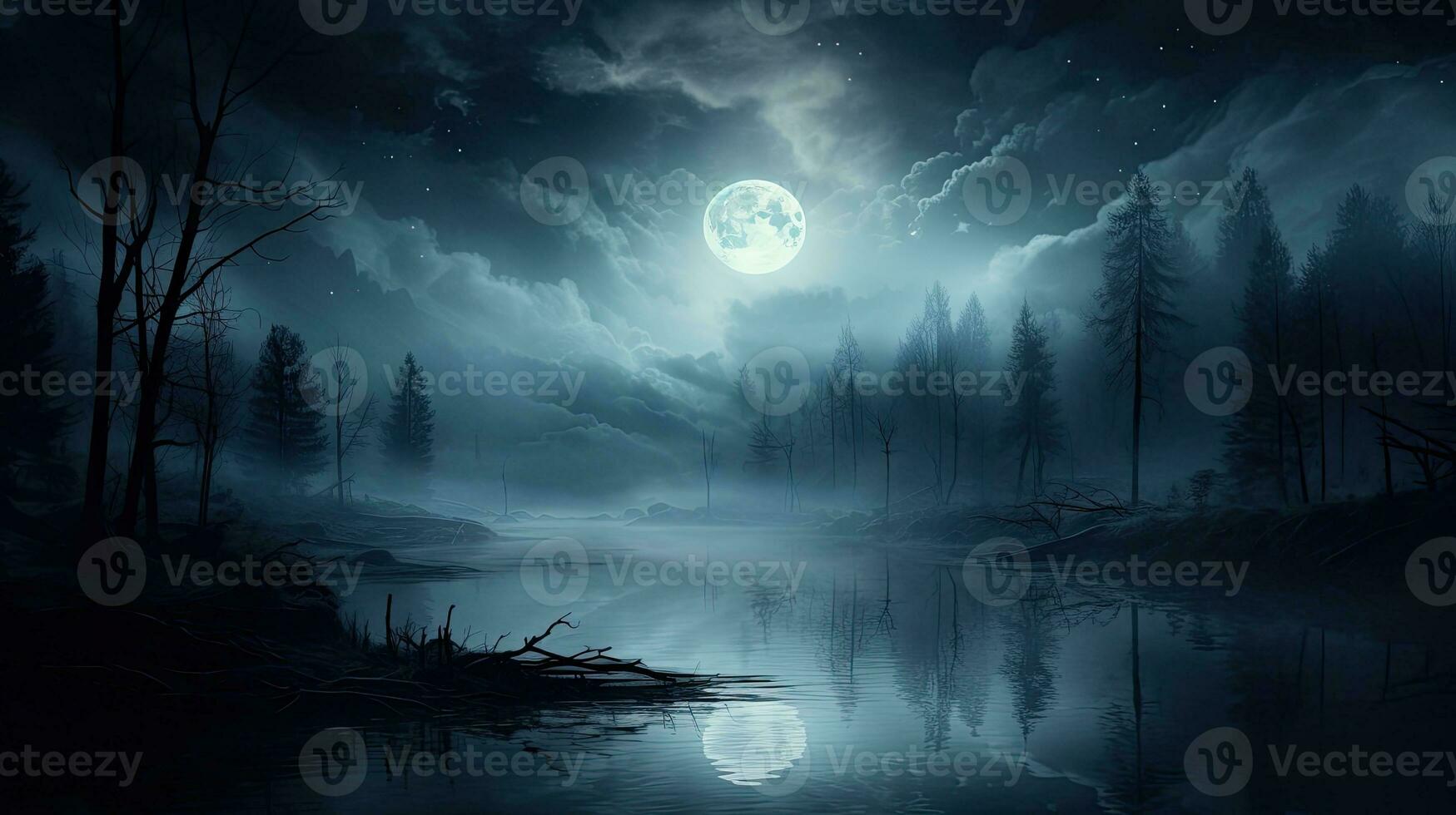 místico noche escena con lleno Luna reflejando en el brumoso río y todavía agua foto