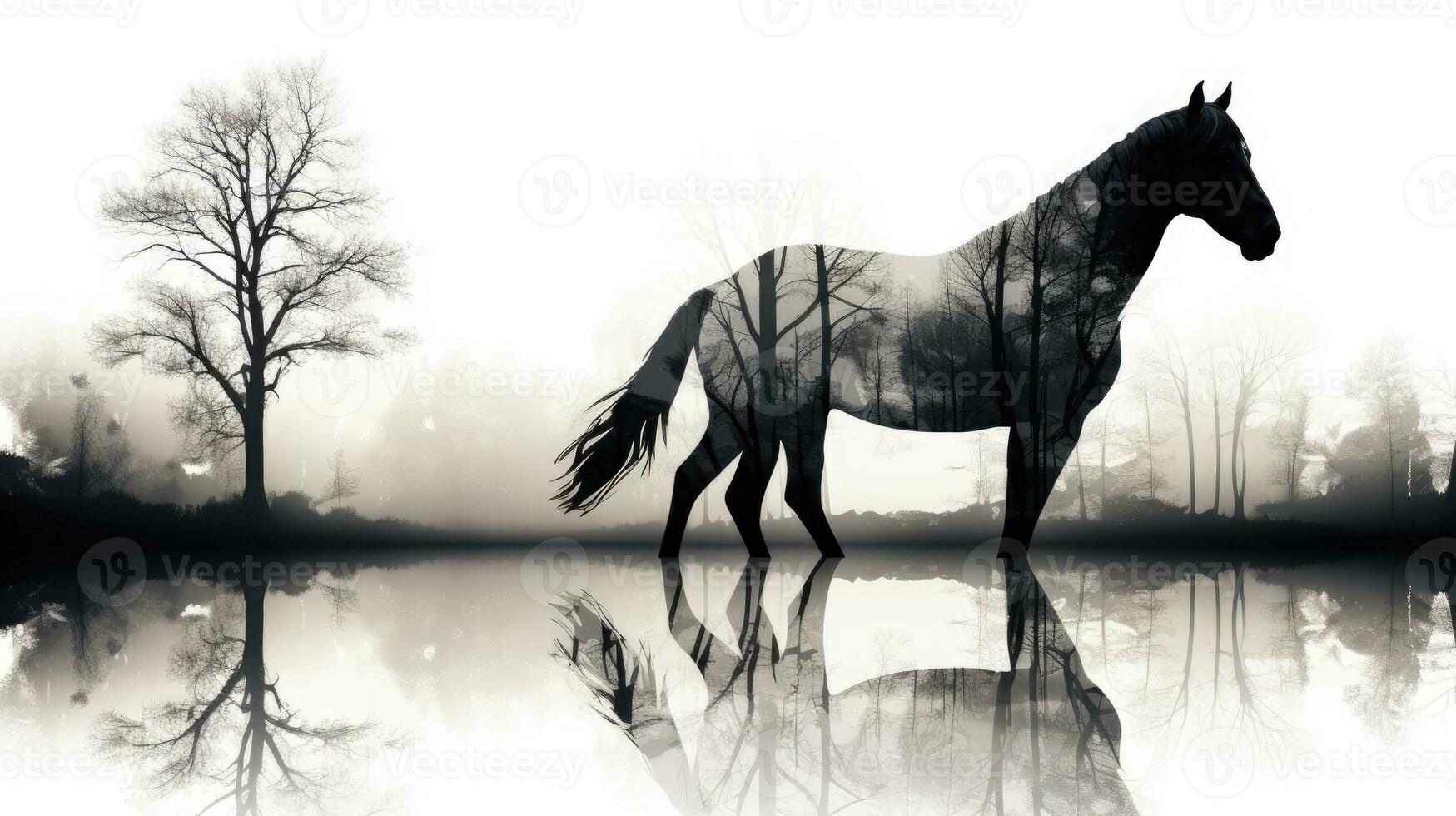 negro y blanco doble exposición fusionando caballo y arboles a escaparate su conexión en naturaleza foto