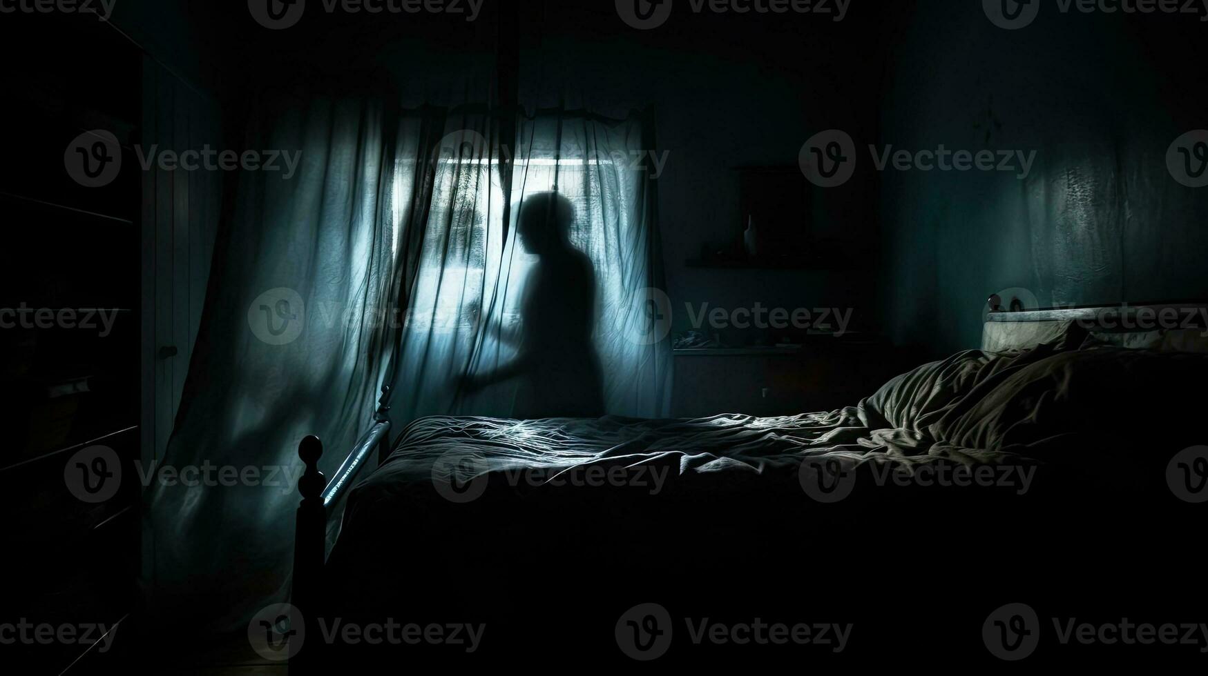 Blurred ghost silhouette in bedroom window at night horror scene on Halloween photo