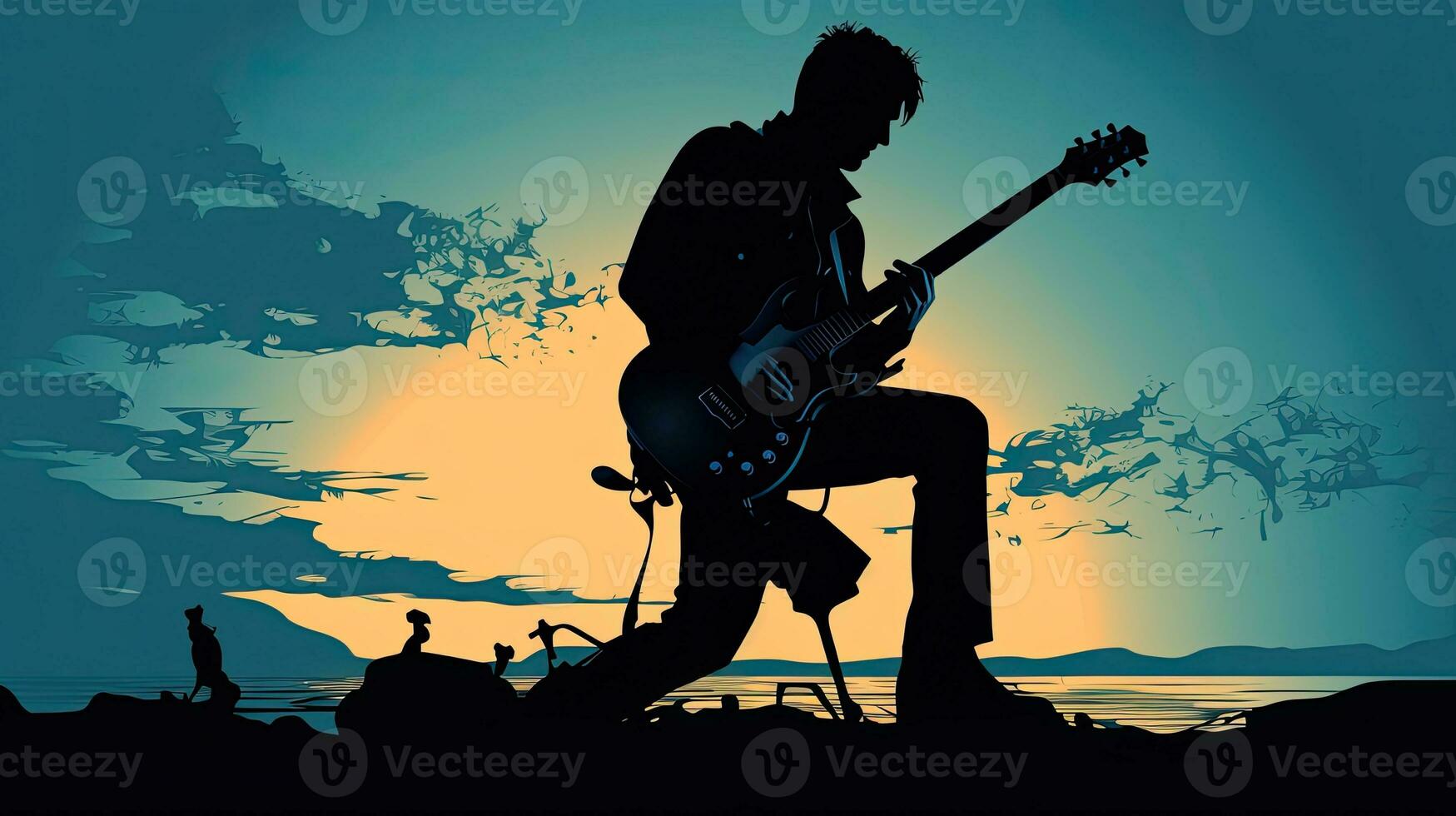 Guitar player in silhouette photo