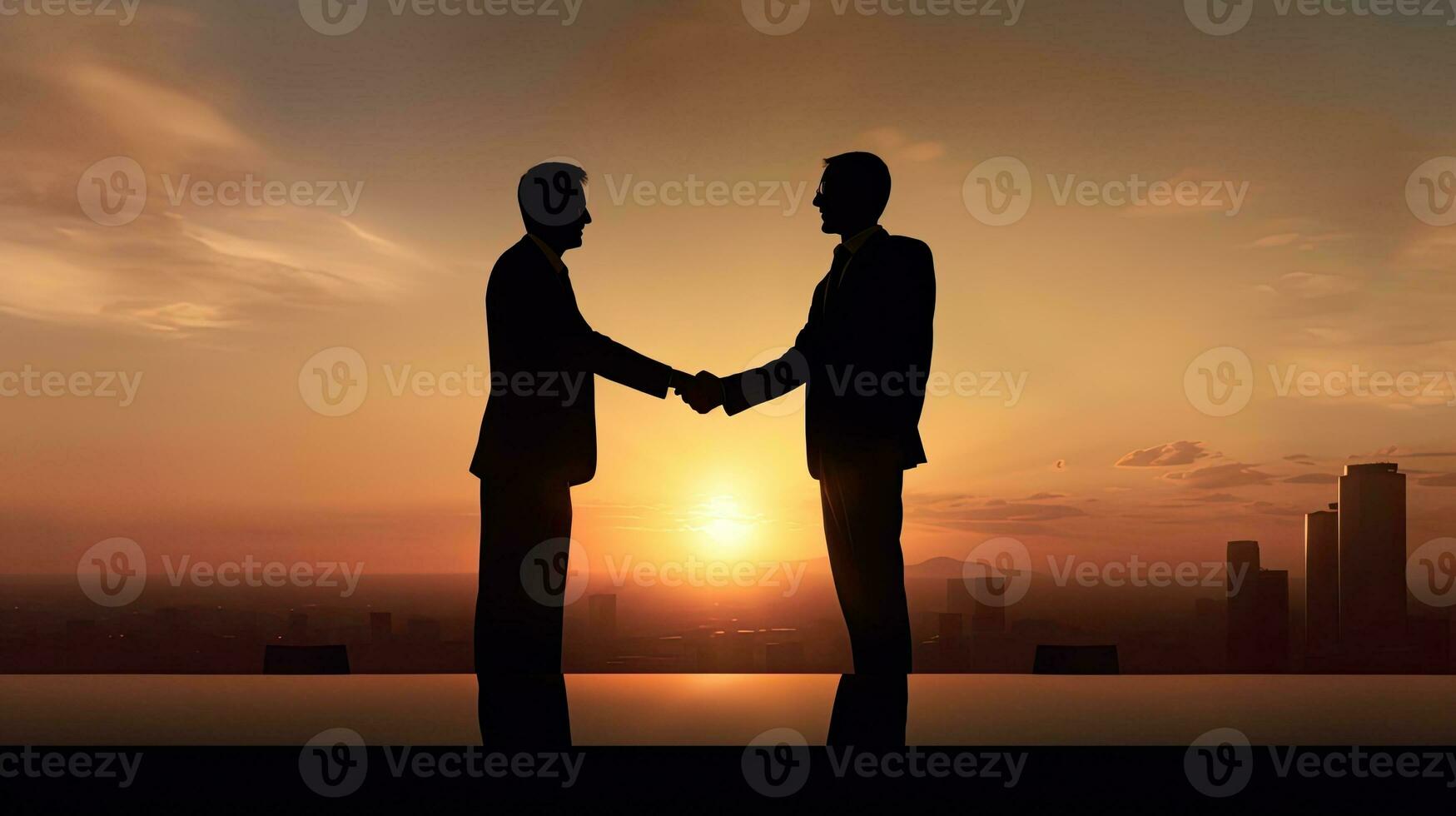 Two businessmen agreeing on a deal at sunset on the floor photo