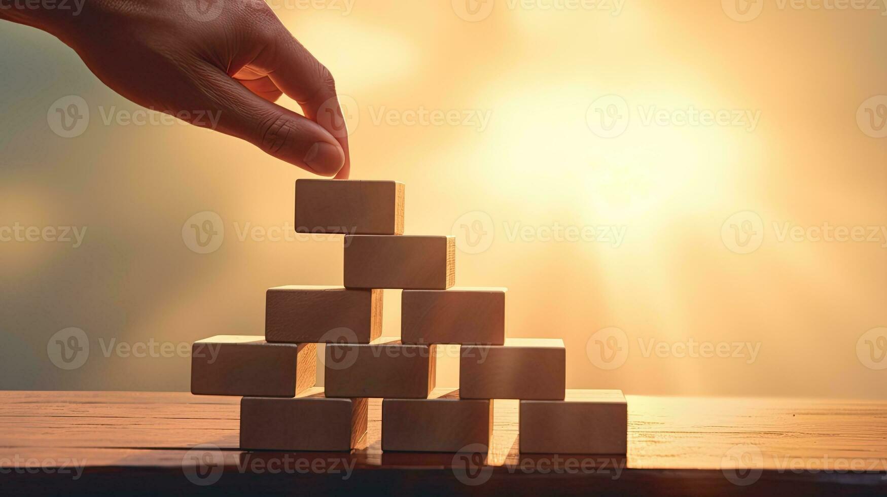 Wooden block stairs with sun light representing success and achieving goals photo