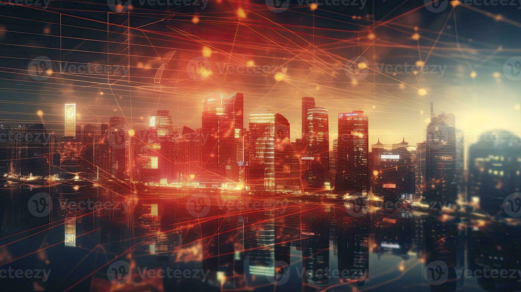 Double exposure with digital world map on China flag and blurred skyscrapers representing research and strategy concept photo