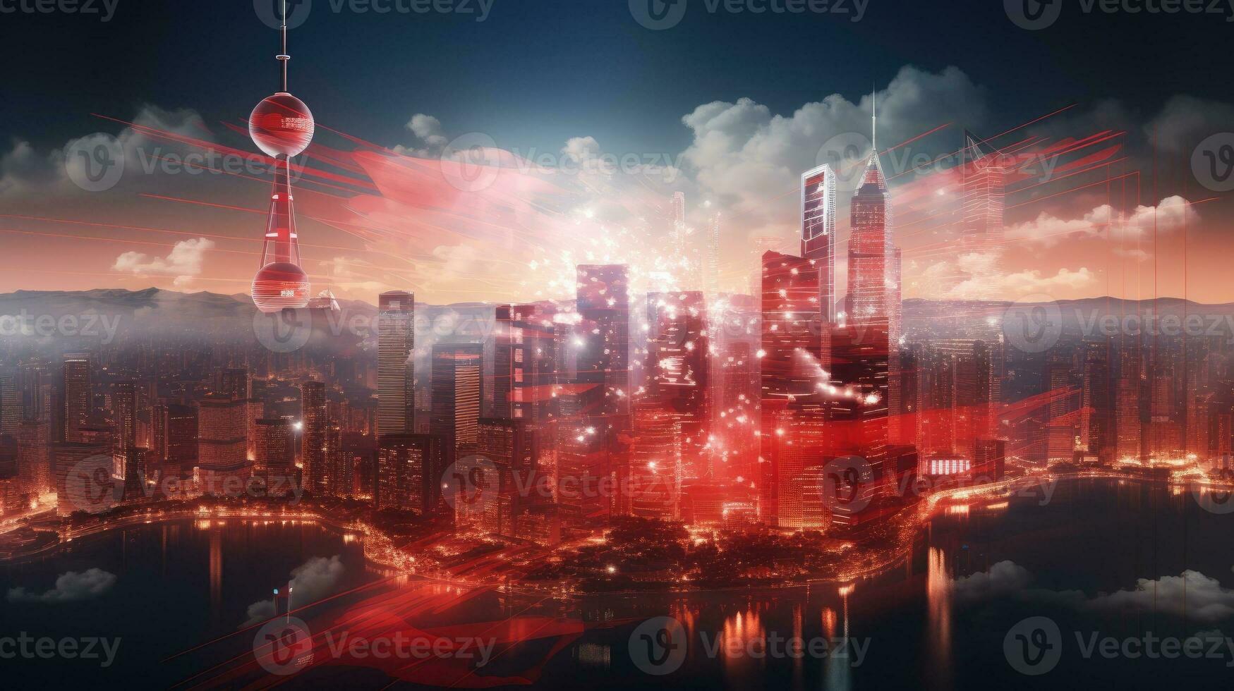 Double exposure with digital world map on China flag and blurred skyscrapers representing research and strategy concept photo