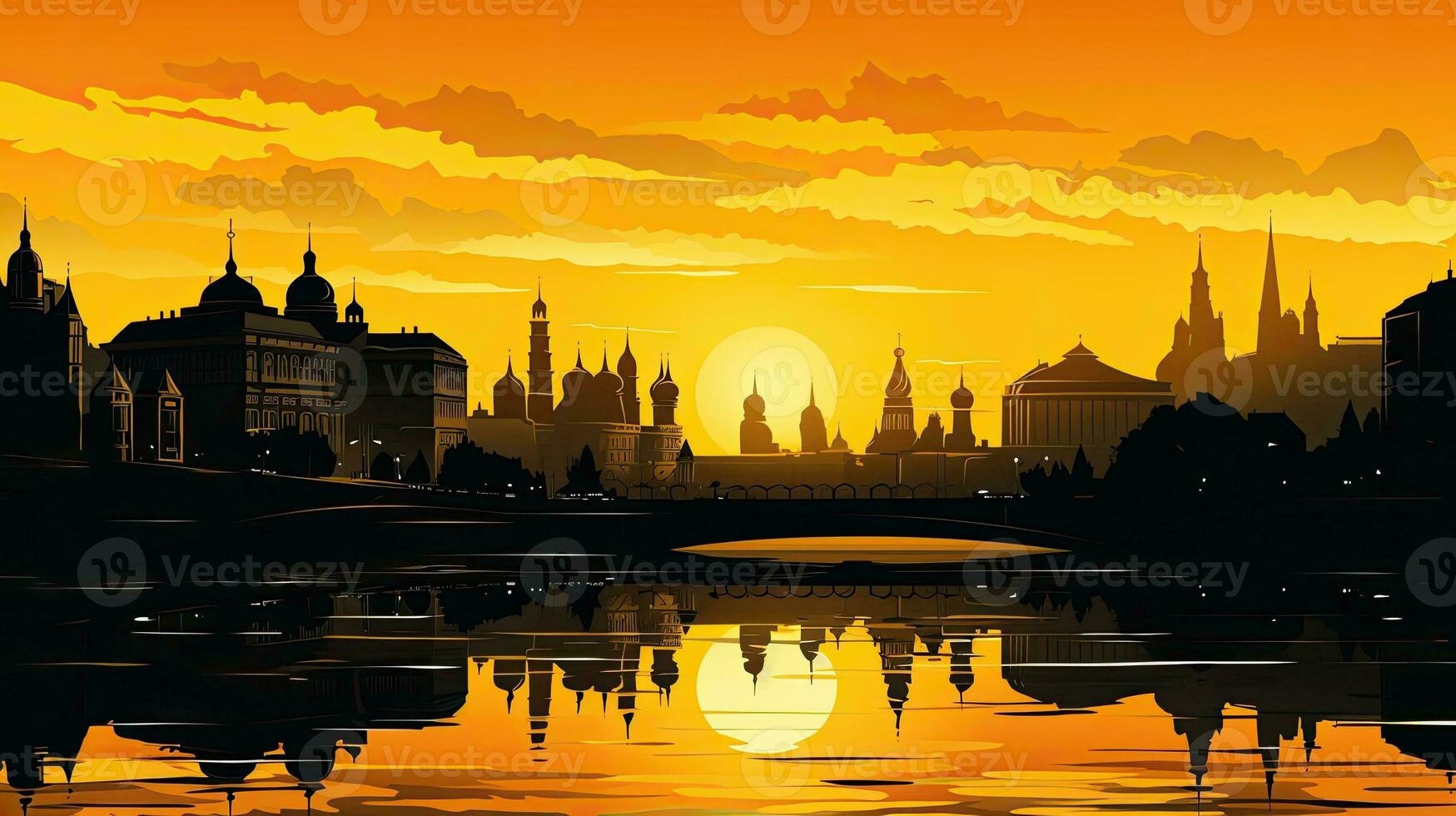 Moscow sunset with silhouettes of famous buildings reflected in the river colored in black and yellow photo