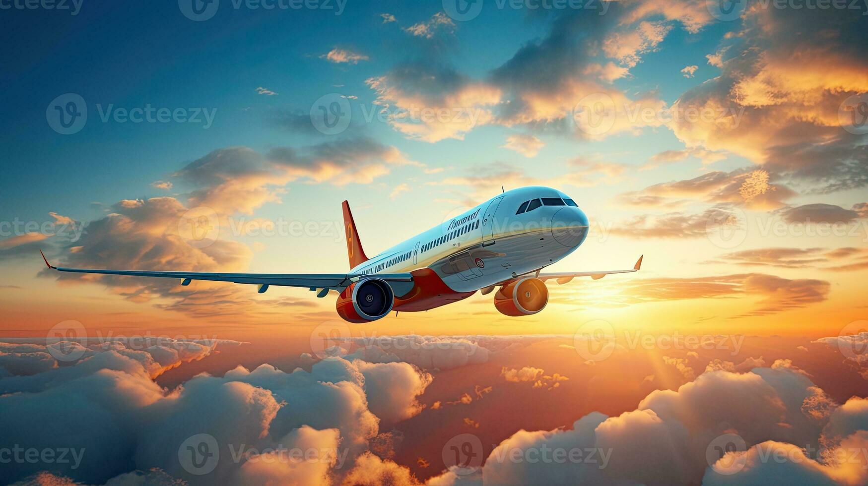 Commercial airplane jetliner flying above dramatic clouds in beautiful sunset light Travel concept photo