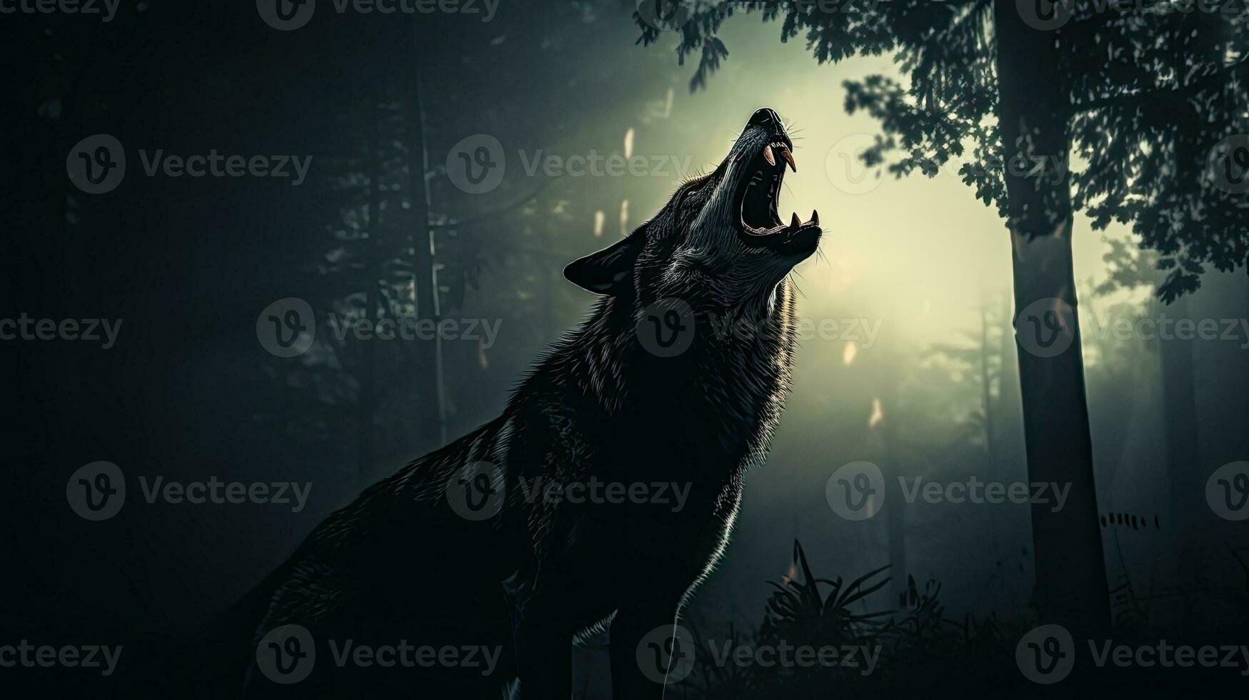 Víspera de Todos los Santos concepto lobo silueta clamoroso a lleno Luna en brumoso fondo foto