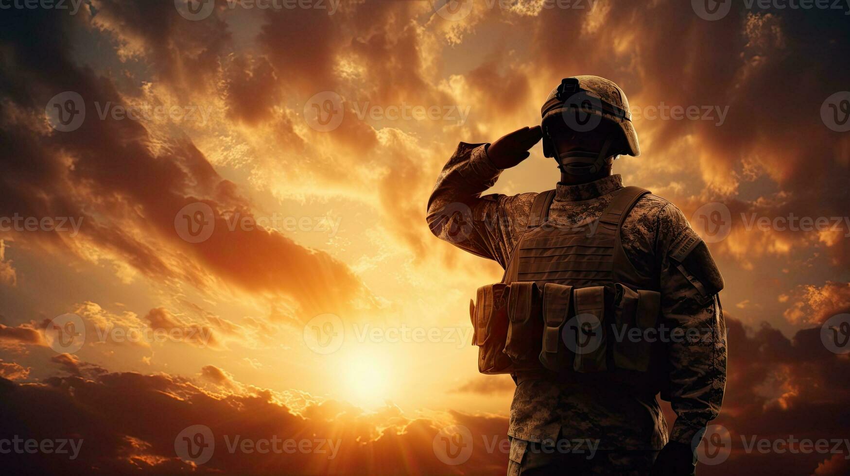 Soldier silhouette saluting at sunrise symbolism defense national loyalty respect photo