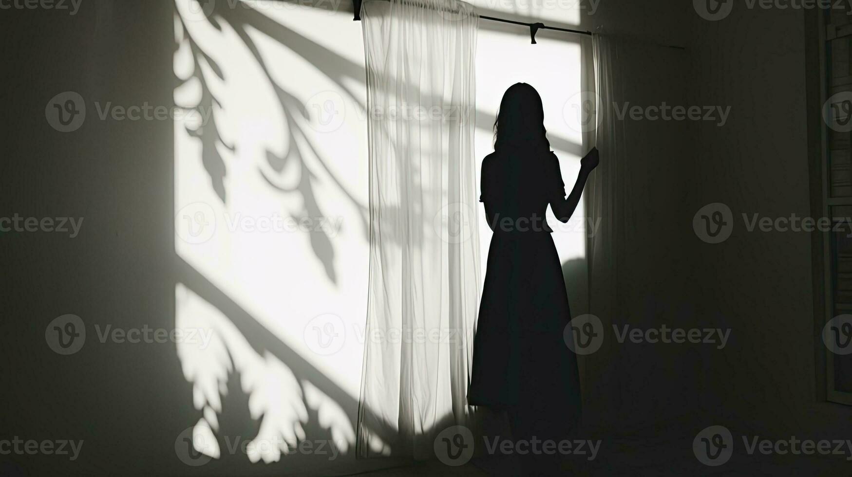 Shadows and silhouettes appear on the wall as the window light shines through the curtain photo