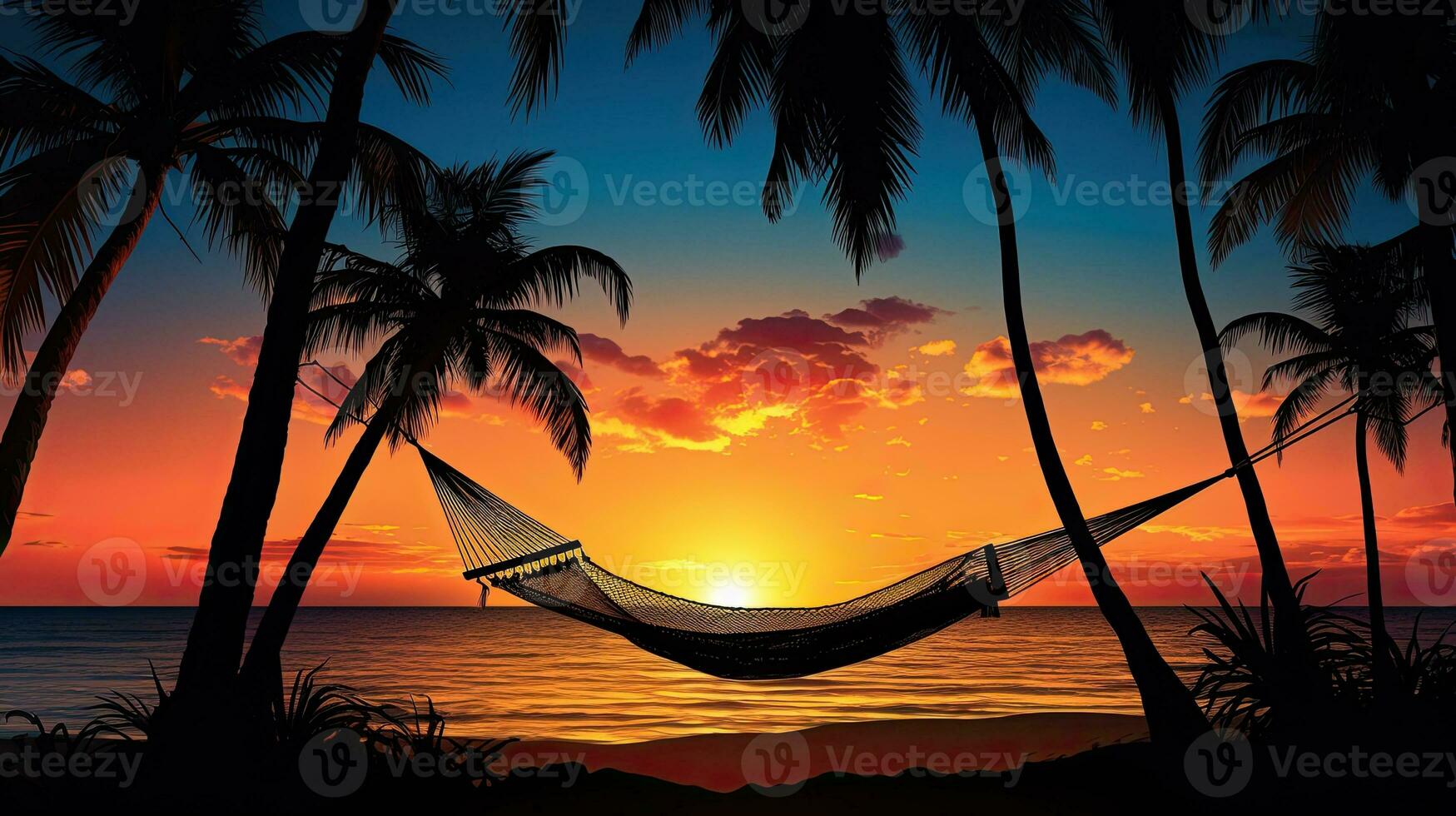 Beach scene with hammock and palm trees at sunset photo