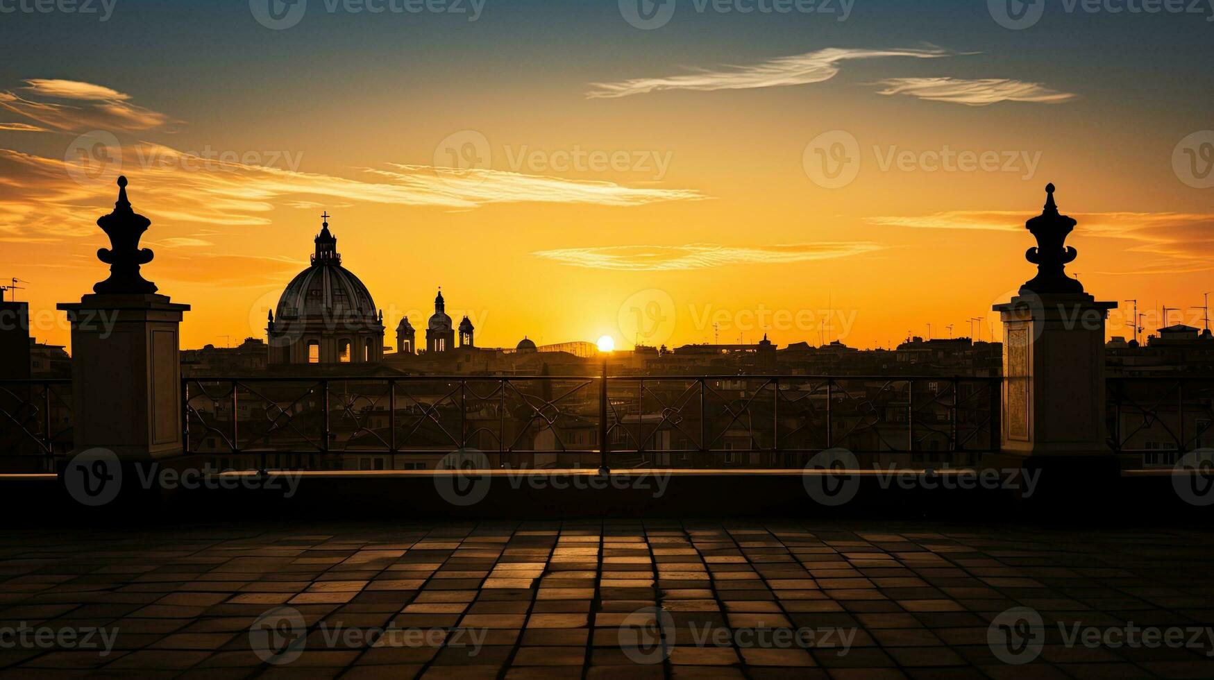 silueta de antiguo italiano arquitectura visto desde un Roma techo a amanecer foto