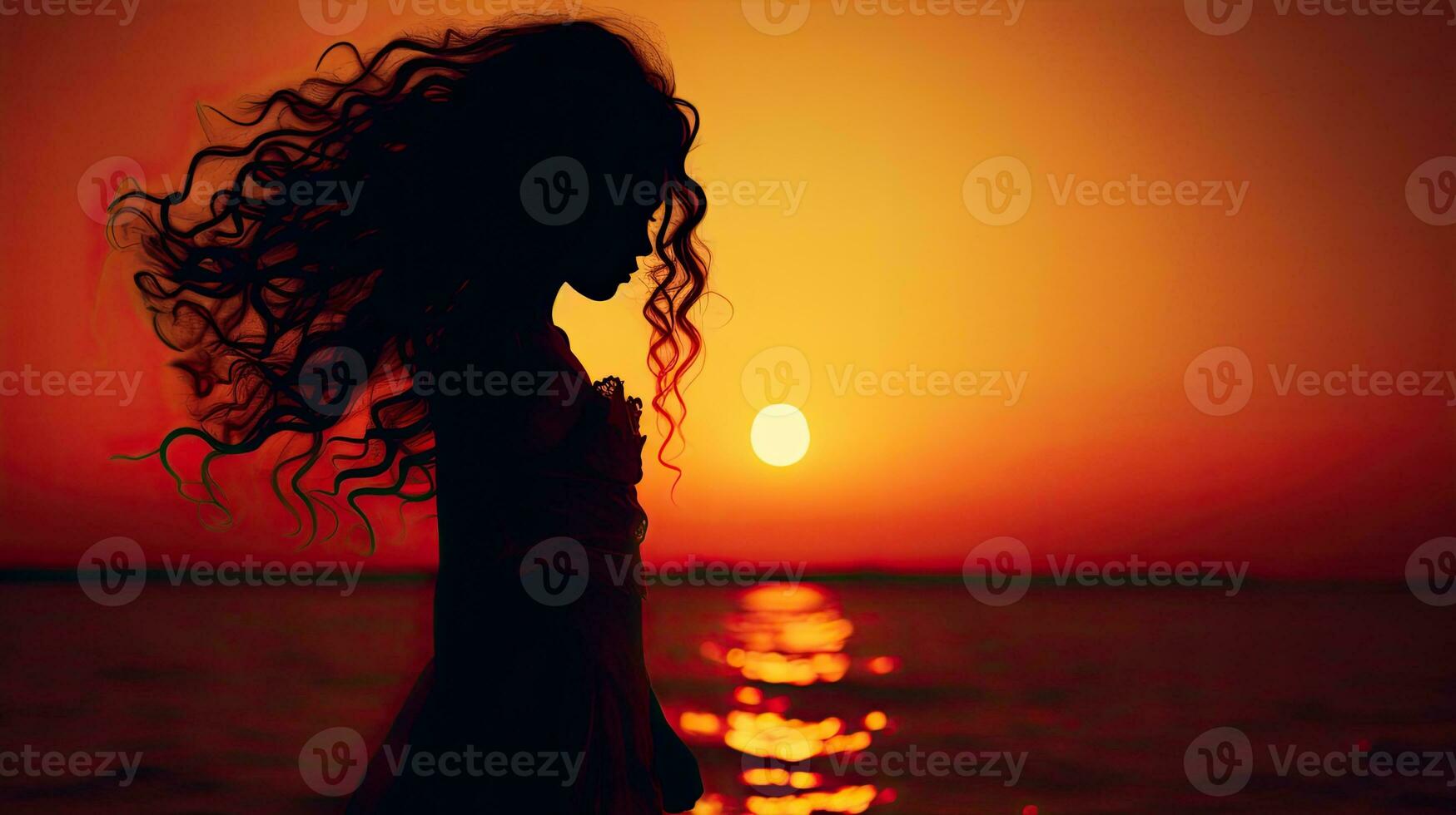 niña s silueta soportes fuera en contra el puesta de sol foto