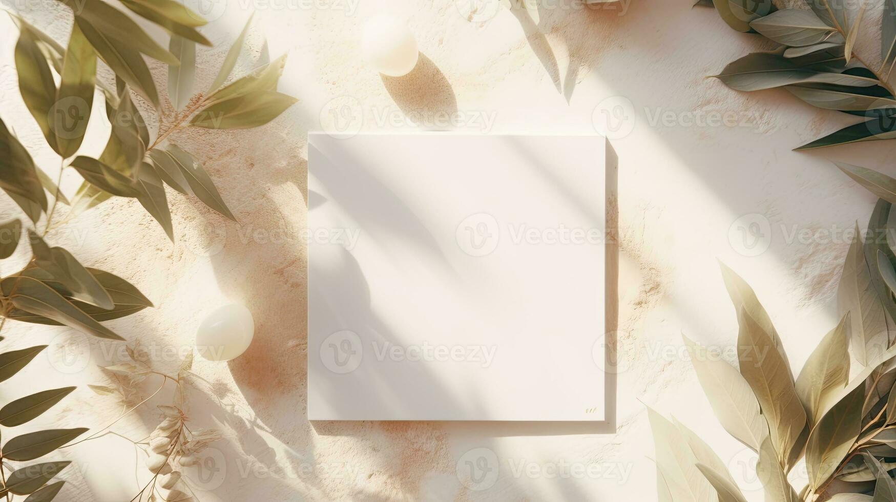 Summer wedding stationery mock up scene with a blank greeting card wooden plate and olive tree leaves and branches in sunlight White table background with palm shadows Femi photo