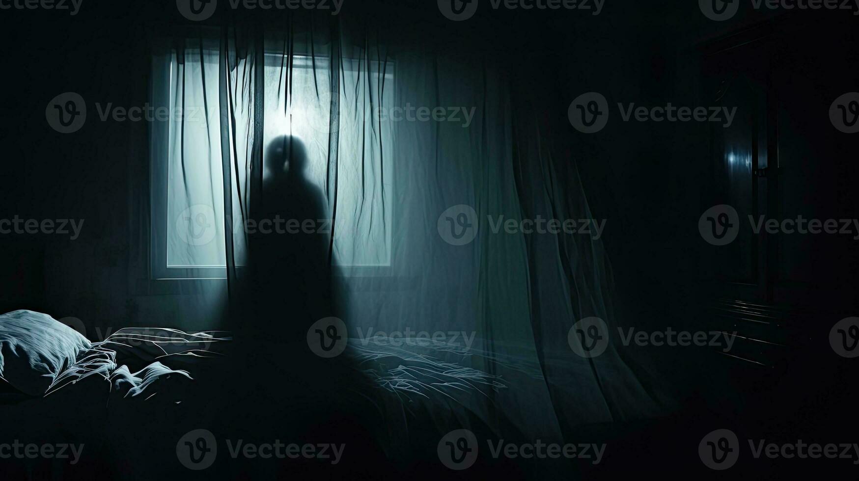 Blurred ghost silhouette in bedroom window at night horror scene on Halloween photo